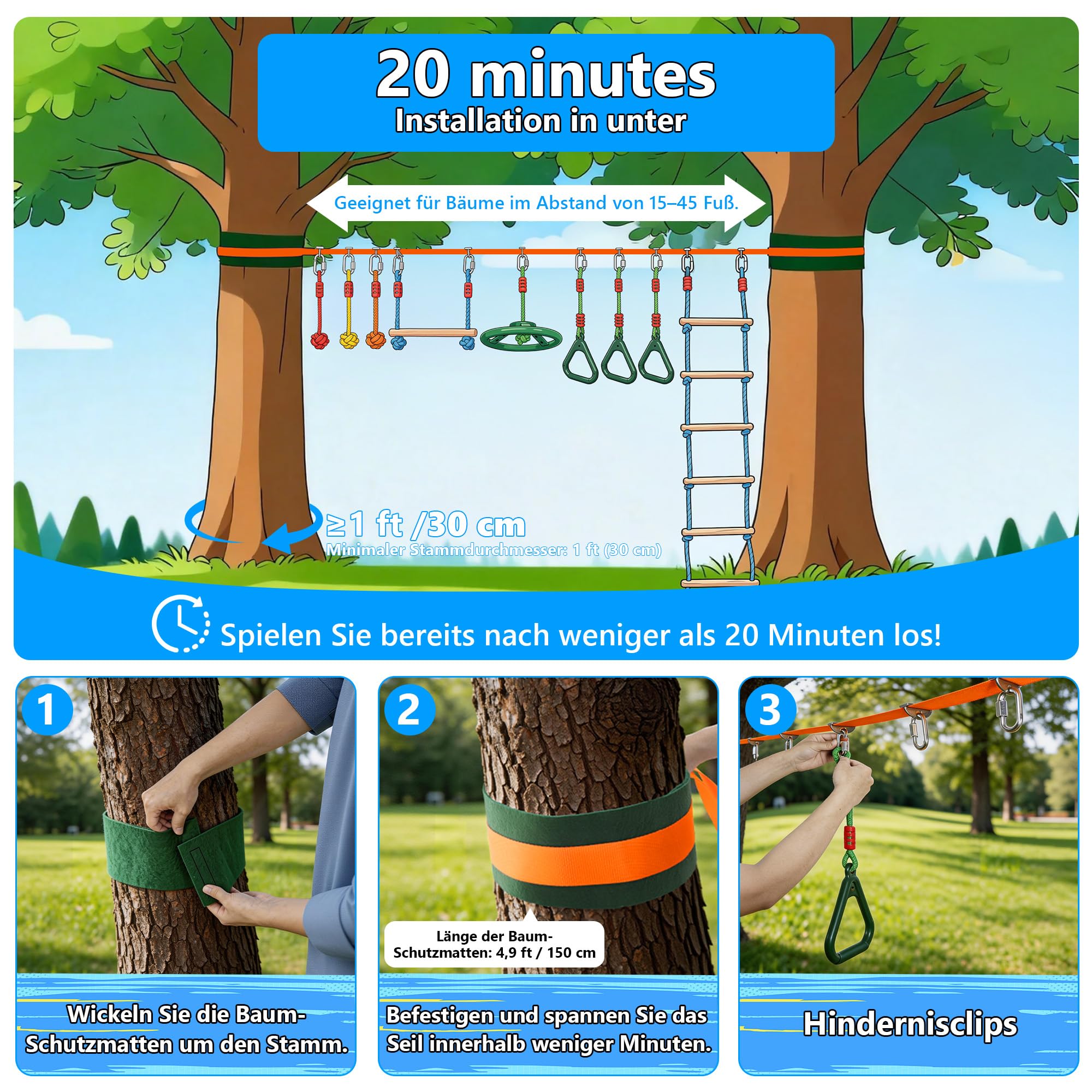Ninja Warrior Slackline Set für Kinder, Ninja Line Kinder, Slackline 15M Hindernisse Set, Turnringe Schaukel Kletterleiter Zubehör Erweiterbar Warrior Parcours Outdoor, Geeignet für Anfänger