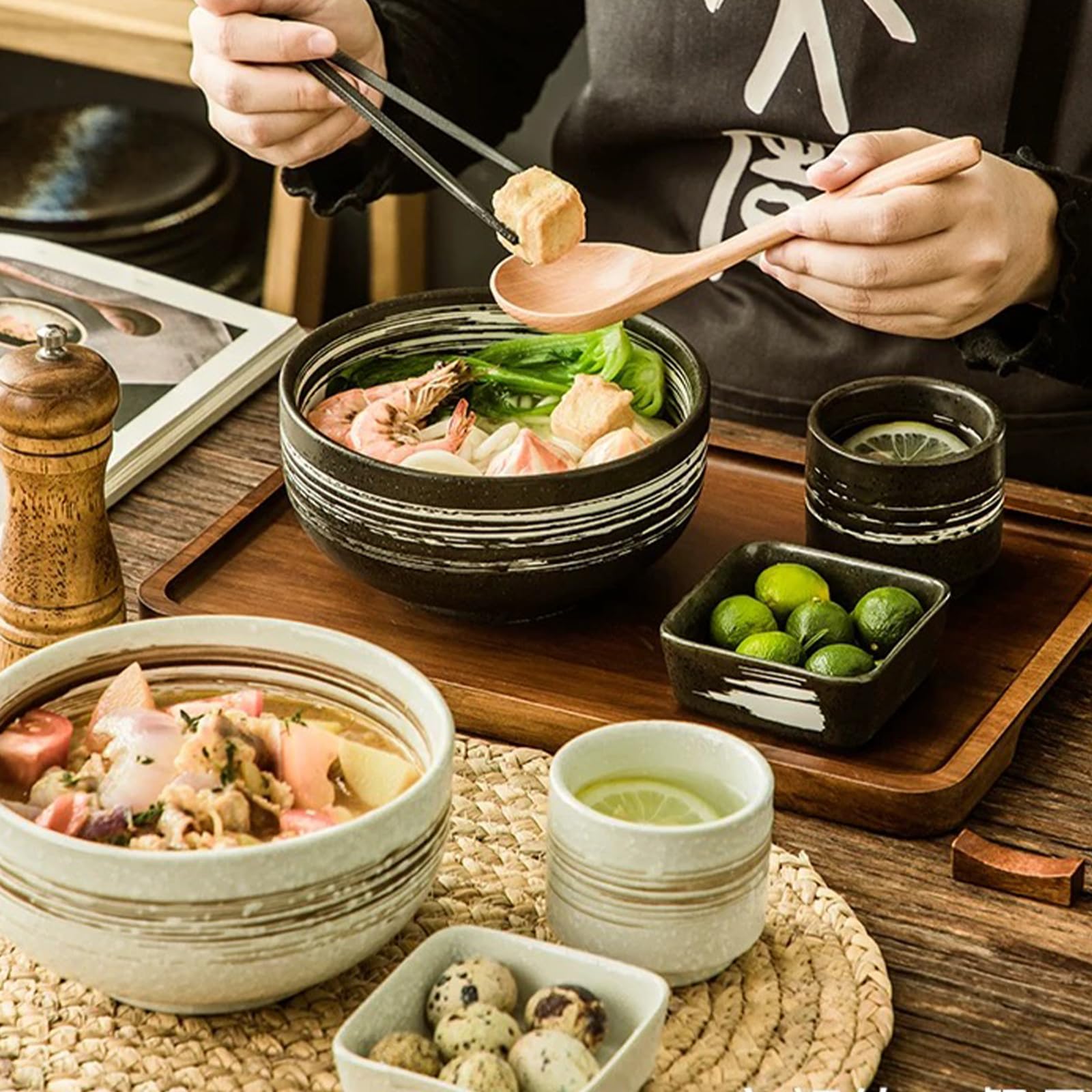 Japanese Ceramic Ramen Bowl Set With Spoon and Chopsticks - Porcelain Soup Bowl