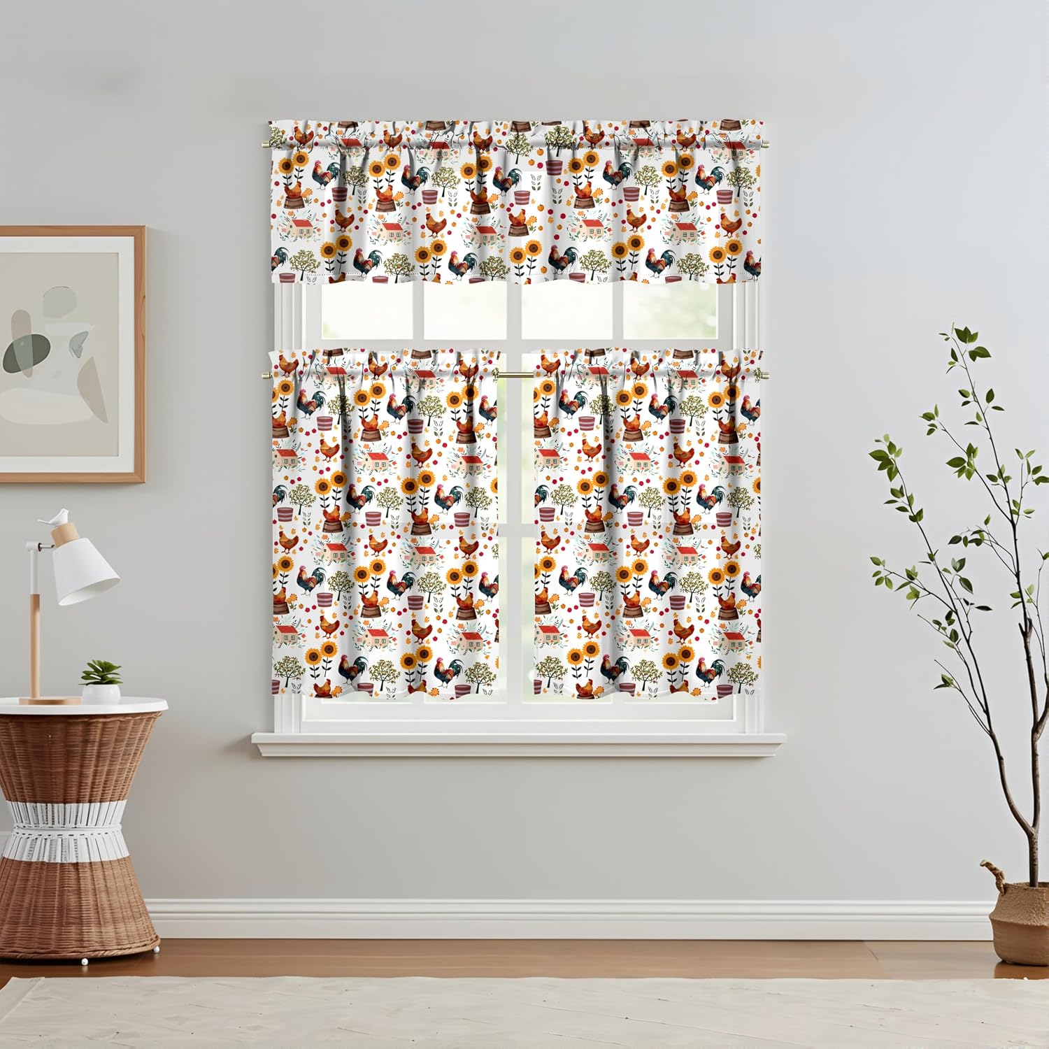 3 Piece Chicken Kitchen Curtains and Valances Set for Windows Rooster Kitchen Window Curtains Over Sink Decor 27.5x36 in