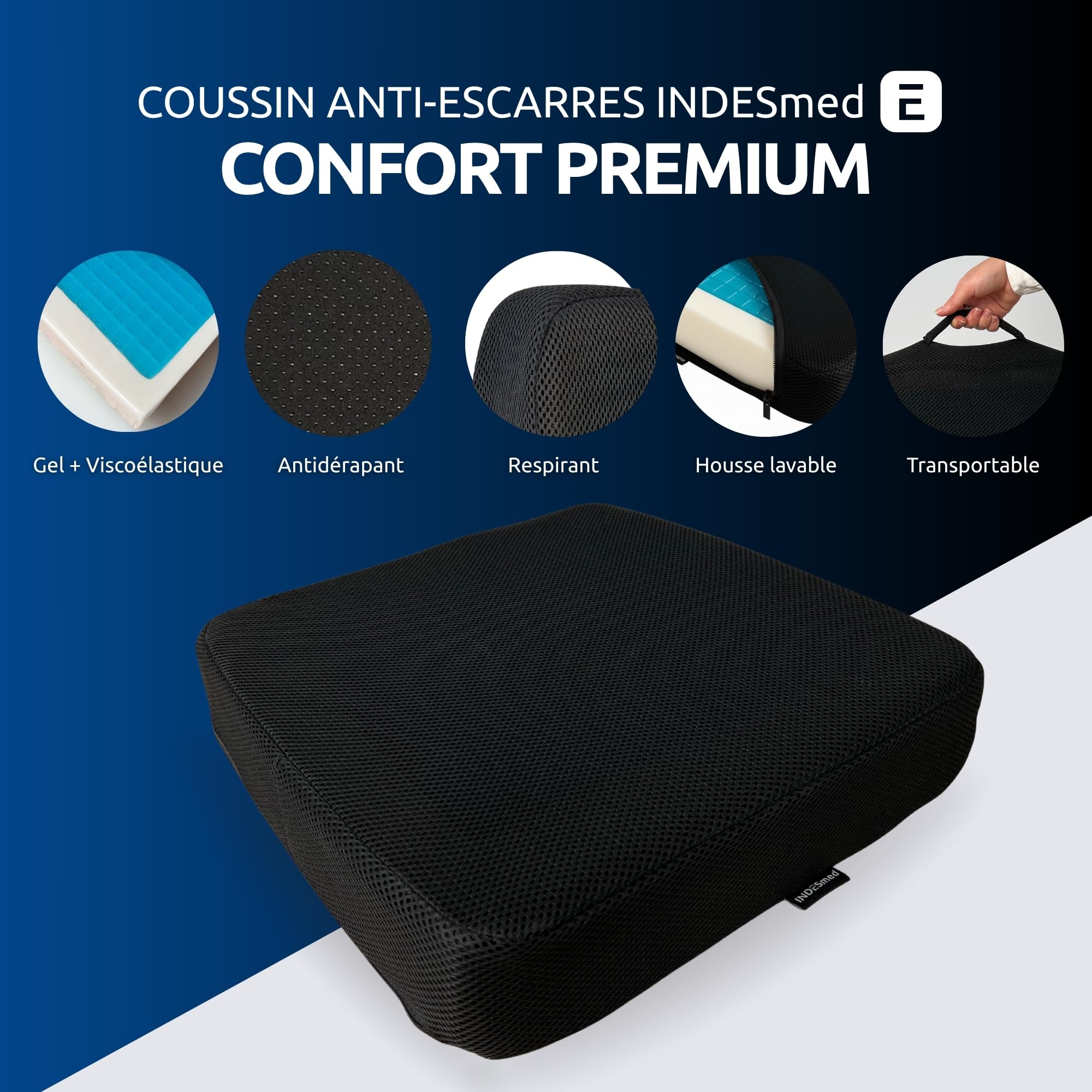 INDESMED | Coussin Ergonomique Gel & Viscoélastique Premium 40x40x8cm – Haute densité, Mémoire de Forme, Prévention des escarres – Housse Lavable, Anti-dérapante – Maison, Voiture & Fauteuil Roulant