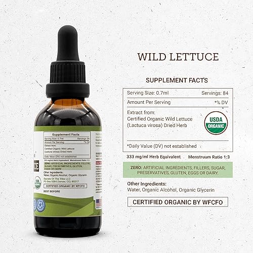 Miniatura 4 de Secrets of the Tribe Wild Lettuce USDA Organic  Extracto de alcohol, gotas de hierbas de alta potencia, digestivo, hecho de lechuga silvestre