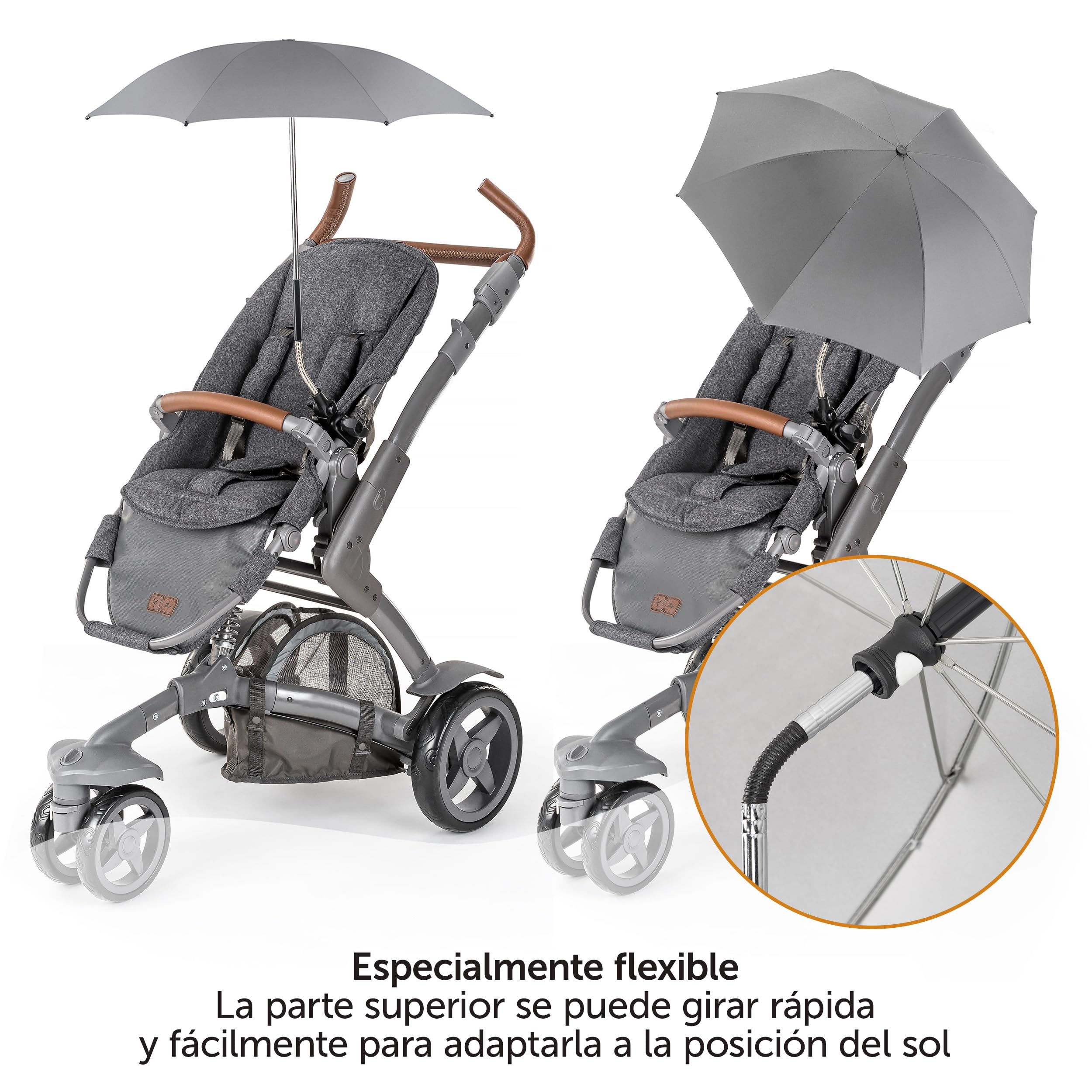 Zamboo Sombrilla Carro Bebe Universal con Protección UV50+ - Paraguas Parasol con 12 Posiciones para Cochecitos y Sillas de Paseo - Sombrillas Regulables Diámetro 73 cm - Repelen el Agua - Gris