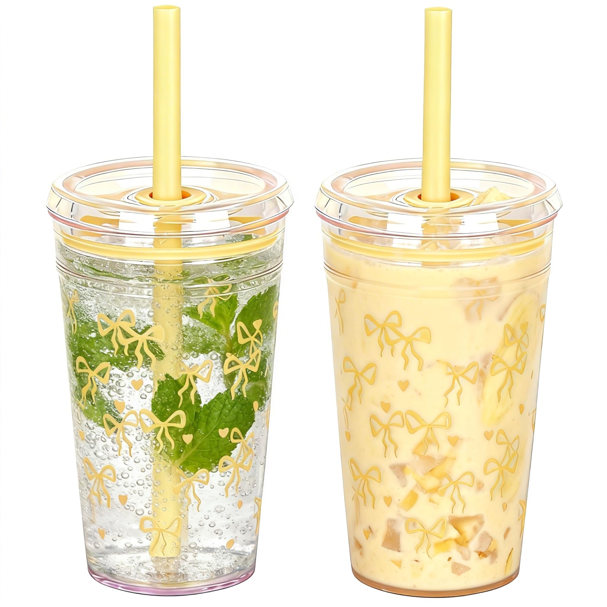 Yisituo 450ml Reusable Iced Coffee Cup, 2 Pack Clear Plastic Cups with Lids and Straws, Cold Cup, for Hot and Cold Drinks (2, Yellow Butterfly)