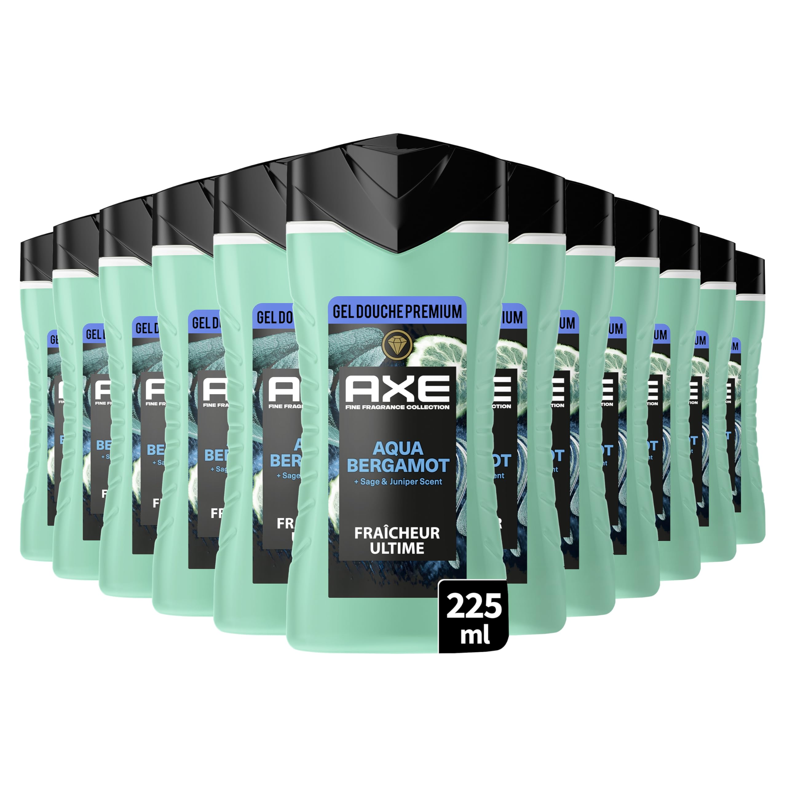 AXE - Gel Douche - Collection Prestige - Aqua Bergamot - 12h de fraîcheur - Parfum infusé aux huiles essentielles de bergamote et sauge - Agents hydratants 100% d’origine végétale - lot 12x225ml