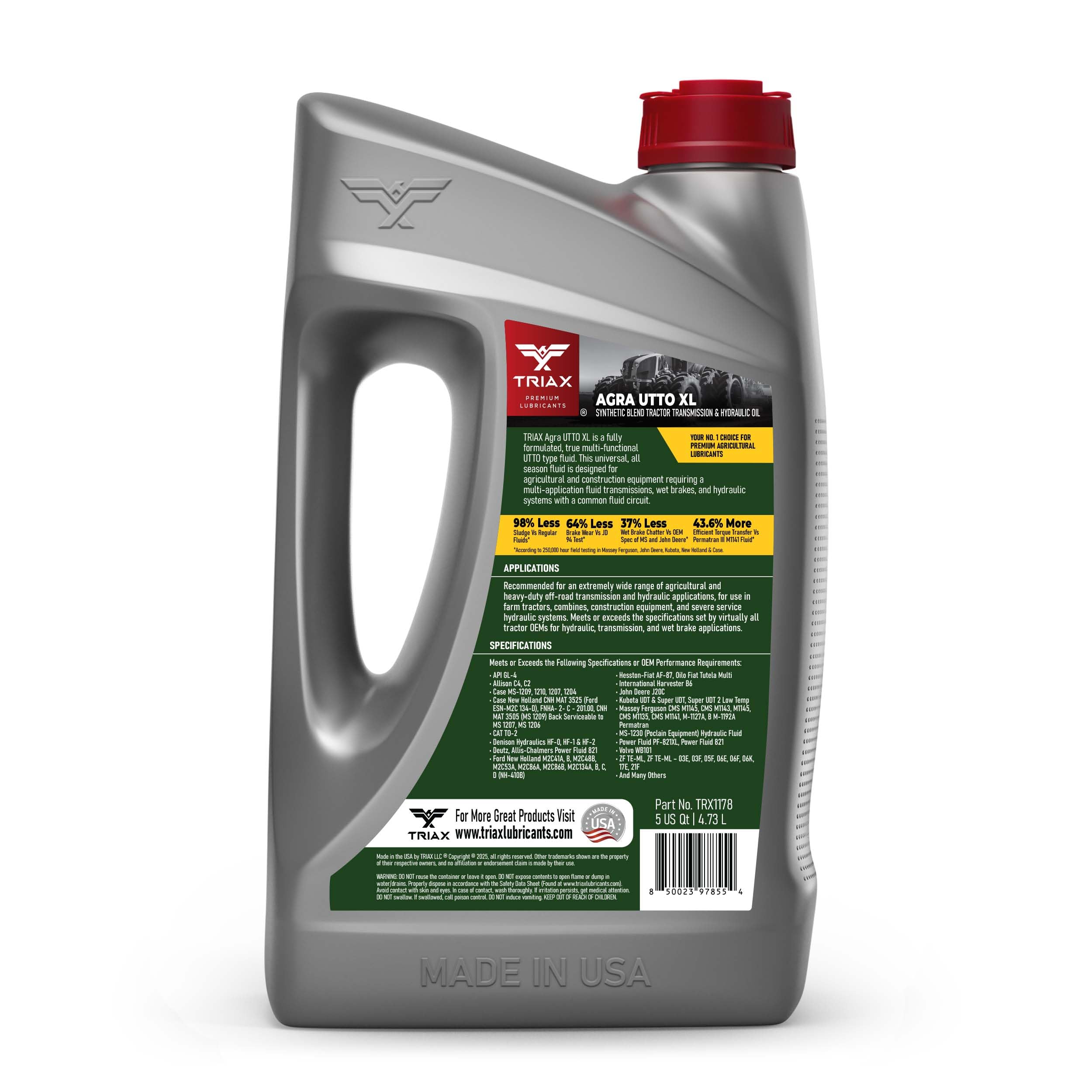 TRIAX Agra UTTO XL Fluido Universale UTTO a Miscela Sintetica per Trattori - Per Trasmissioni Idrauliche Differenziali e Freni a Bagno d’Olio (4.73 L/5 Quarti)