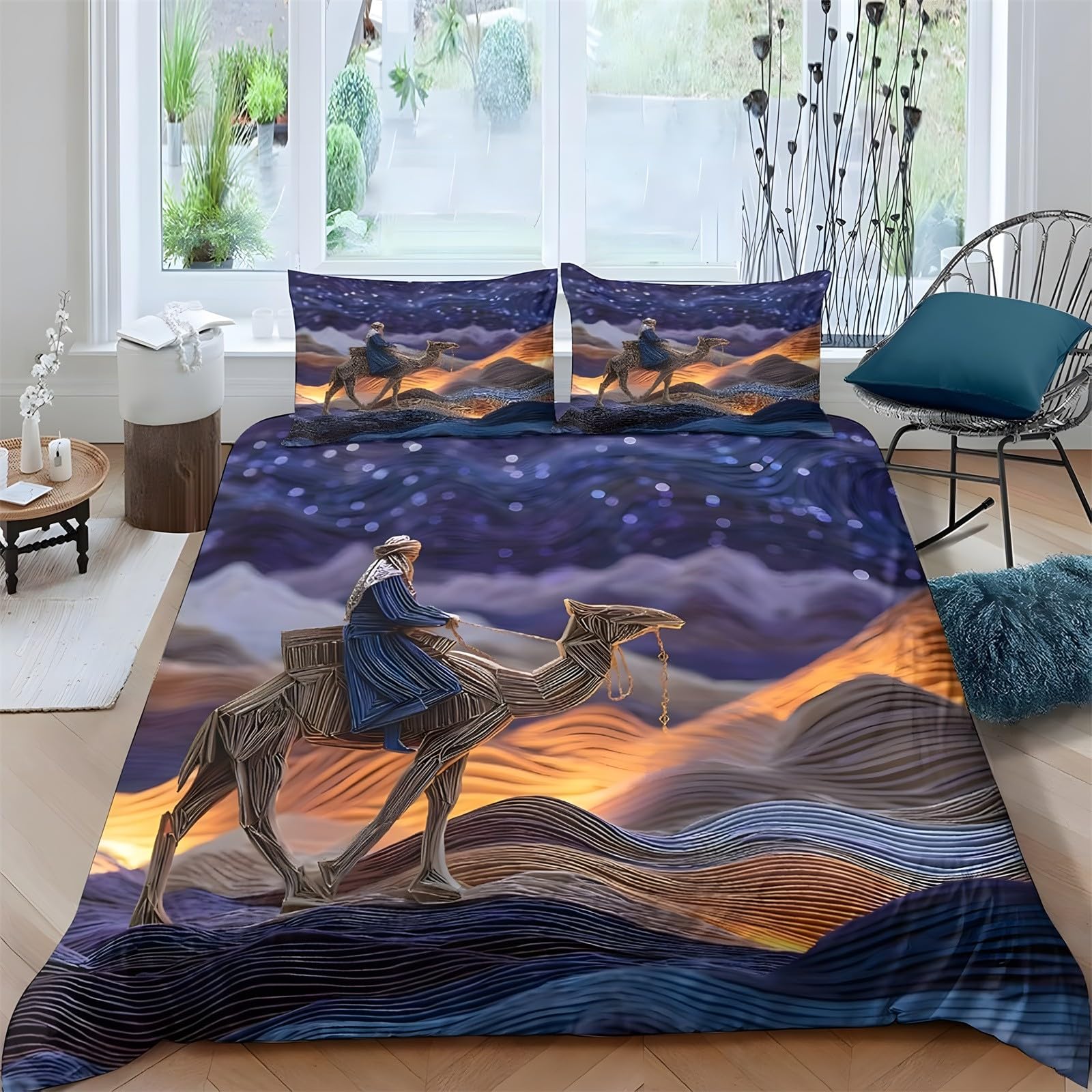 Ypthriline Single Duvet Cover Set Camel Bedding Set Microfiber Starry Sky Duvet Covers with Pillowcases Reversible Bedding With Zipper Closure 135x200CM
