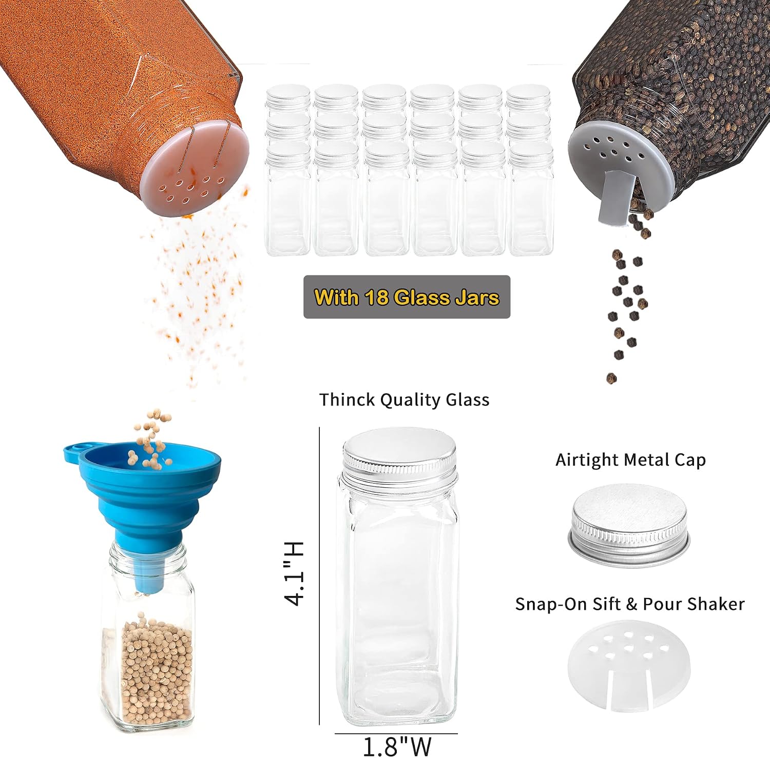 New England Stories Spice Rack Organizer with 18 Empty Square Spice Jars, 386 Spice Labels with Chalk Marker and Funnel Complete Set, for Countertop, Wall Mount or Cabinet Pantry Door, Black