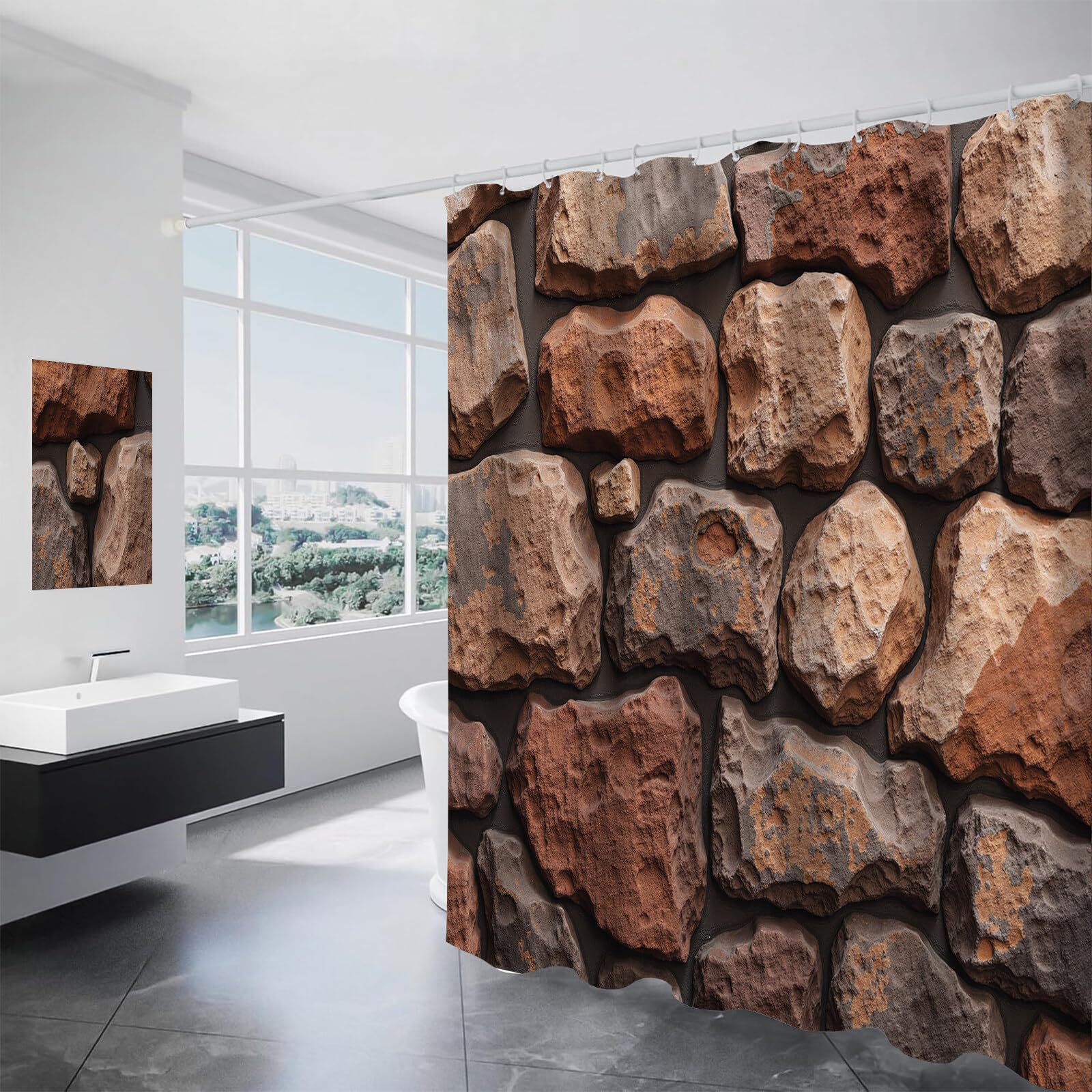 Rideau Douche, Rideau Baignoire Lavable en Machine Rideaux Douche Tissus Lavable Rideau De Baignoire Lavable pour Salle De Bain Domicile Baignoire Famille, Texture De Mur en Pierre,