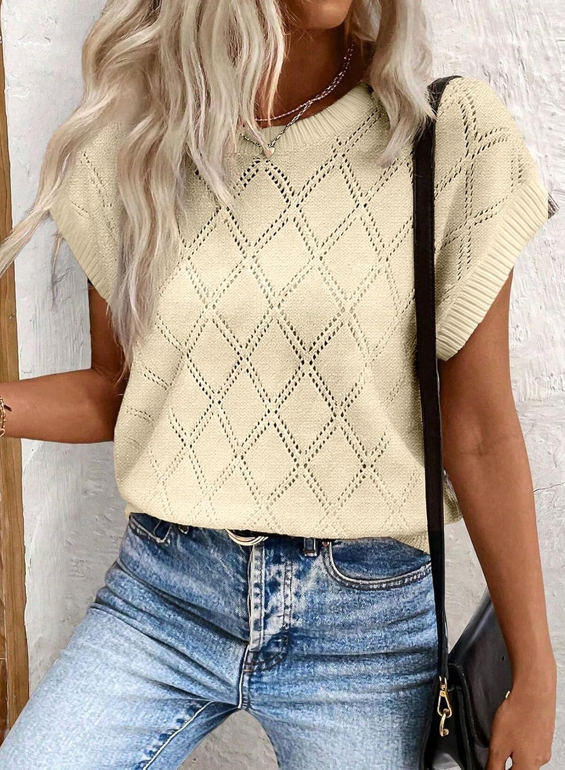 SHEWIN Womens Tops Crewneck Cable Knit Short Sleeve Sweater Loose Lightweight Blouses Dressy Casual Pullover Sweaters Top - Image 2