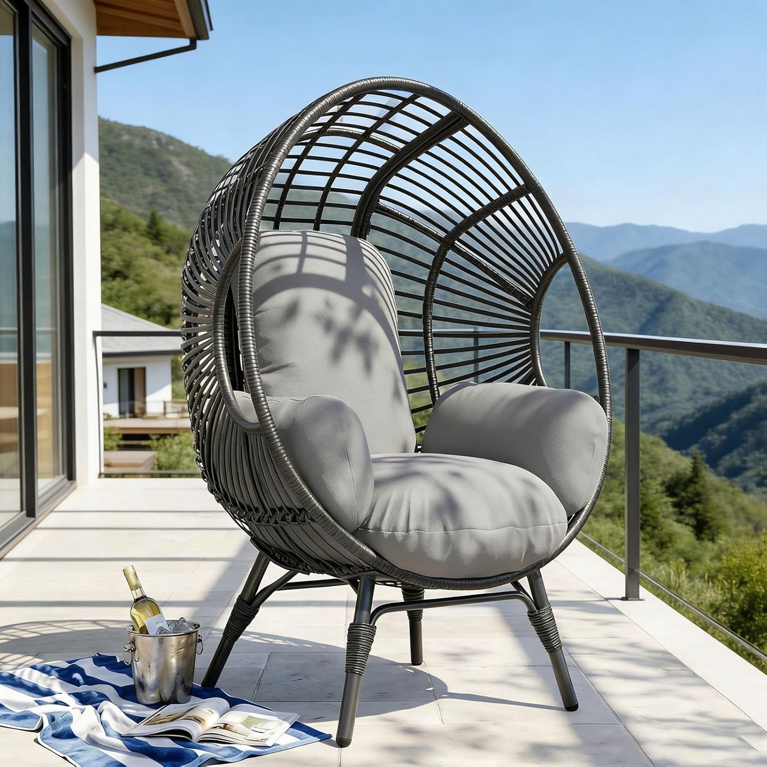 Indoor Outdoor Egg Chair, Wicker with 8-Inch Cushion, 400lbs Capacity, Ergonomic Balcony Chairs(Black+Gray)