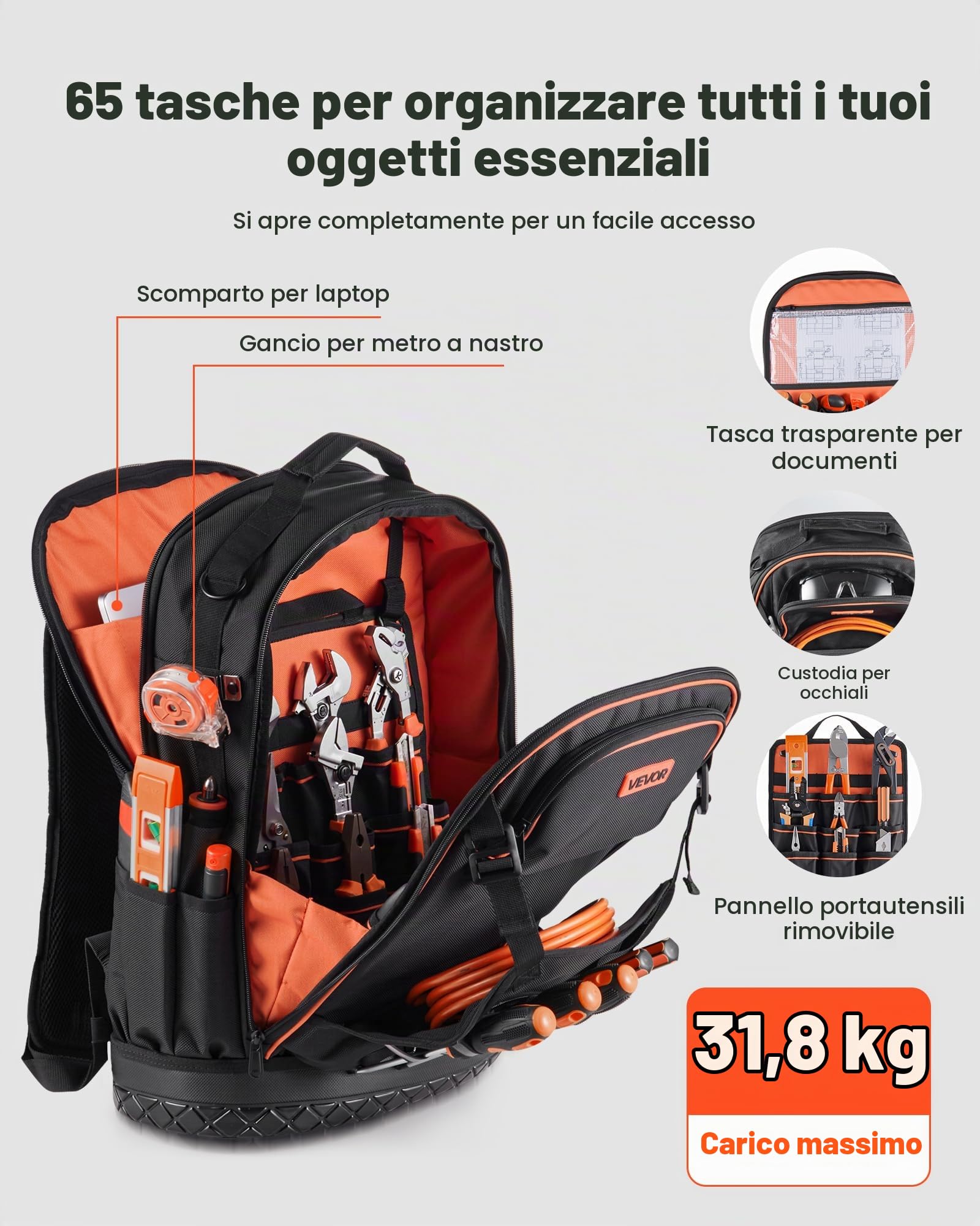 VEVOR Zaino Portautensili, Organizzatore per Attrezzi Pesanti, Zaino da Lavoro con Scomparto per Laptop e Base Sagomata, Borsa da Cantiere per Elettricisti, Riparatori e Tecnici HVAC, 65 Tasche