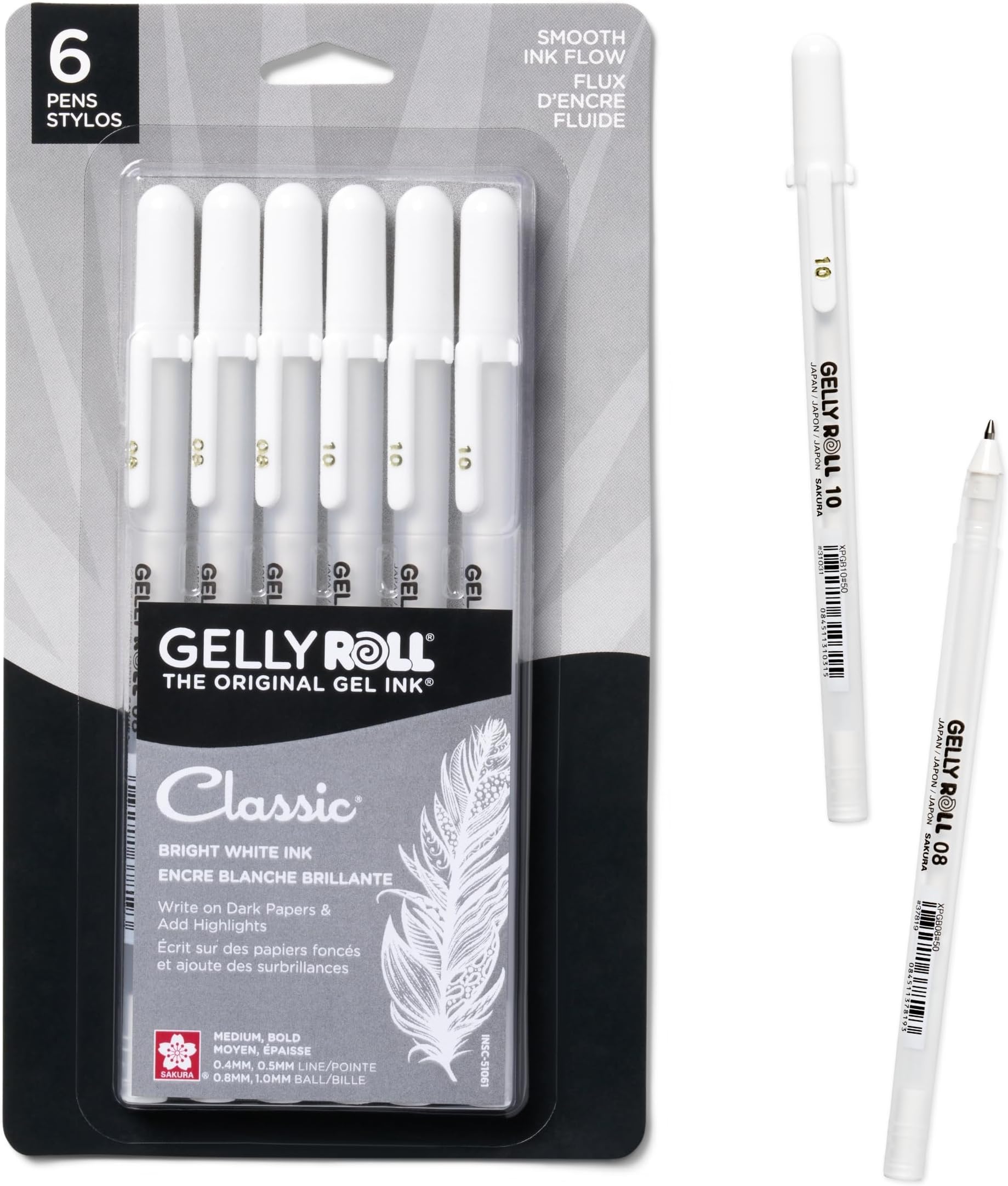 SAKURA Gelly Roll Gel Pens - Medium & Bold Tip Ink Pens for Journaling, Art, Calligraphy, or Drawing - Classic White Ink - 08/10 Assorted Tip Sizes - 6 Pack
