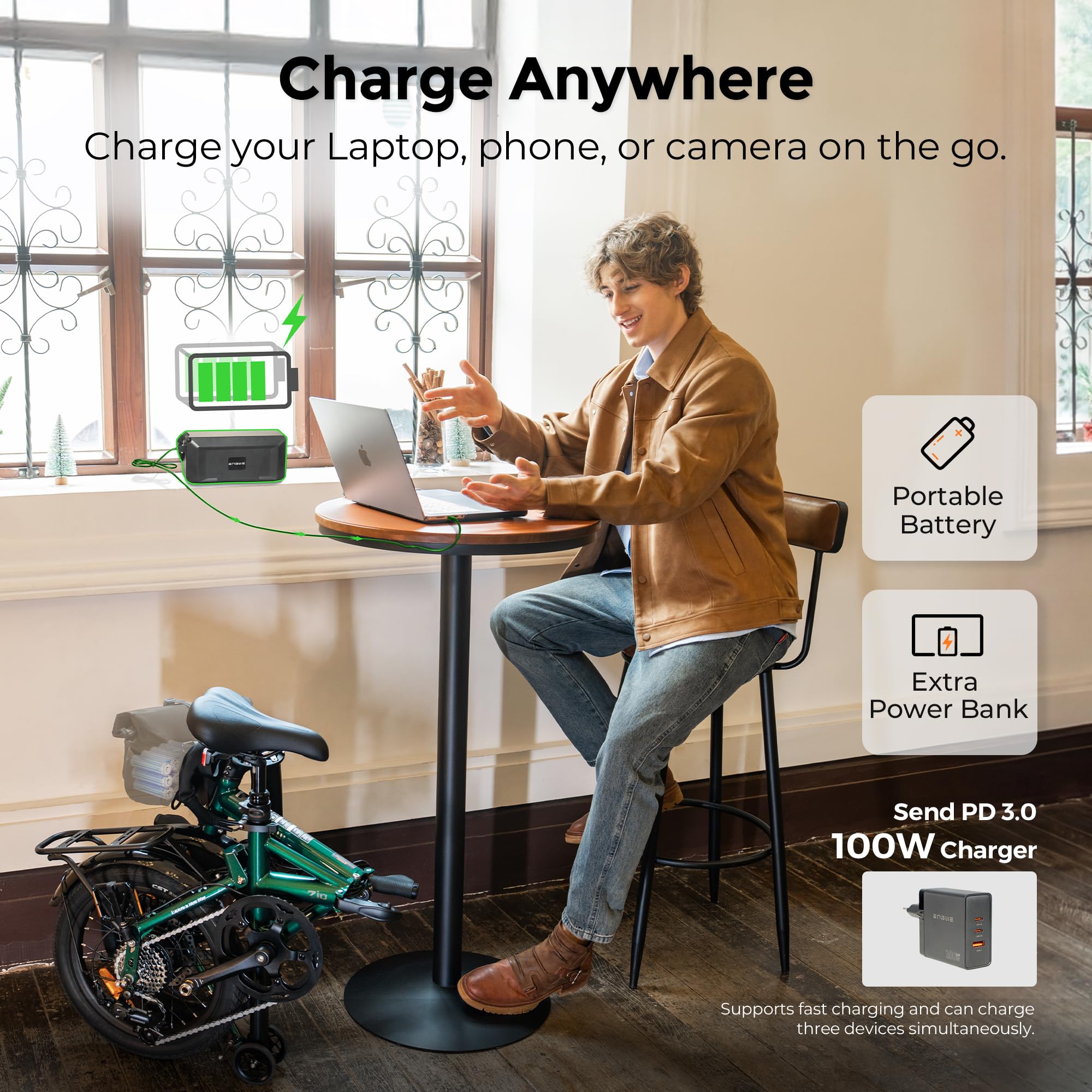 ENGWE ZIP Bici Elettrica Pieghevole, E-Bike Urbana Leggera da 16,9 kg, Autonomia di 120 km (PAS 1), Batteria Rimovibile da 36 V 10 Ah, Motore da 250 W, Sensore di Coppia e Freni Idraulici