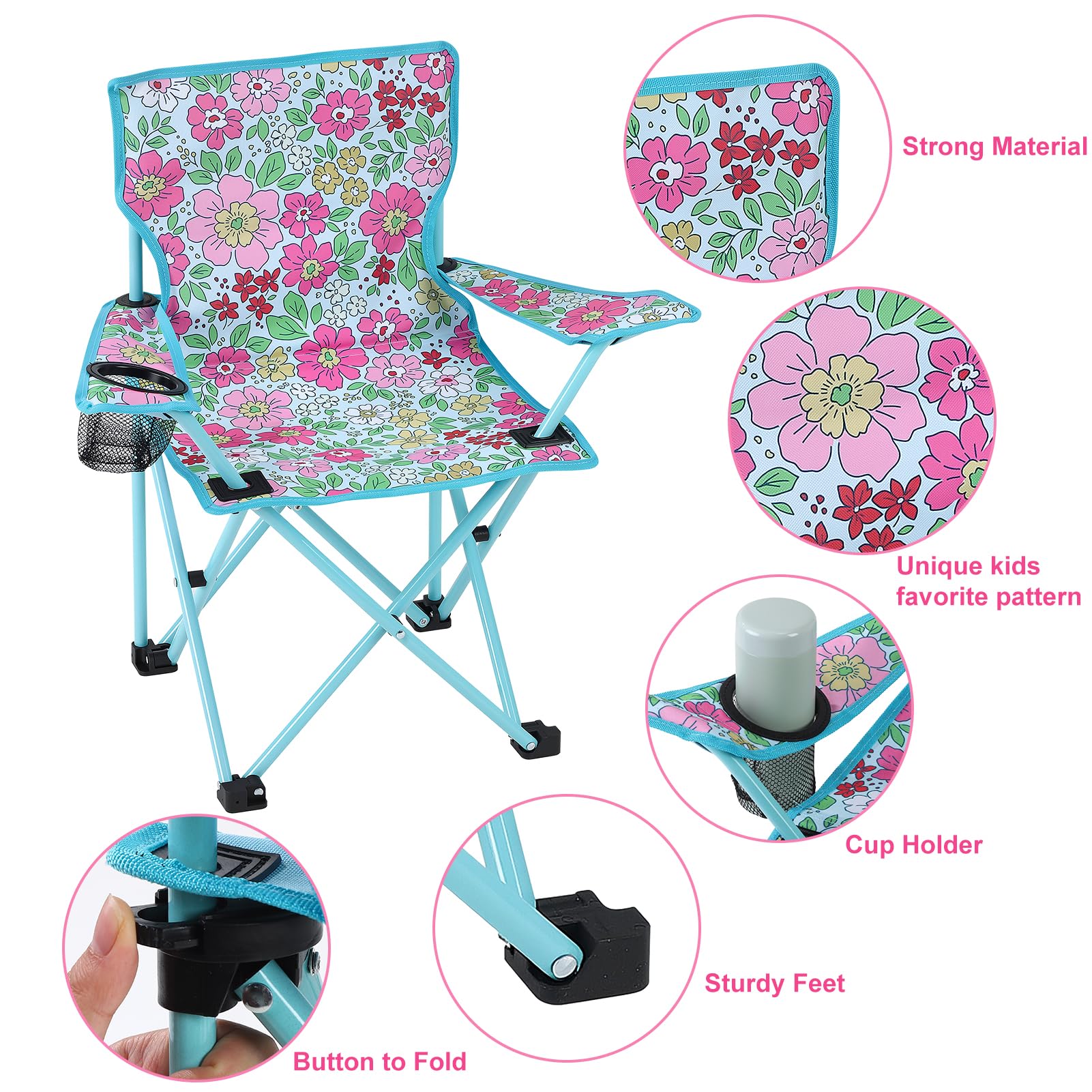 Chaise de camping pliable pour enfant - Avec porte-gobelet - Pour pique-nique, camping, pêche, extérieur (fleurs)