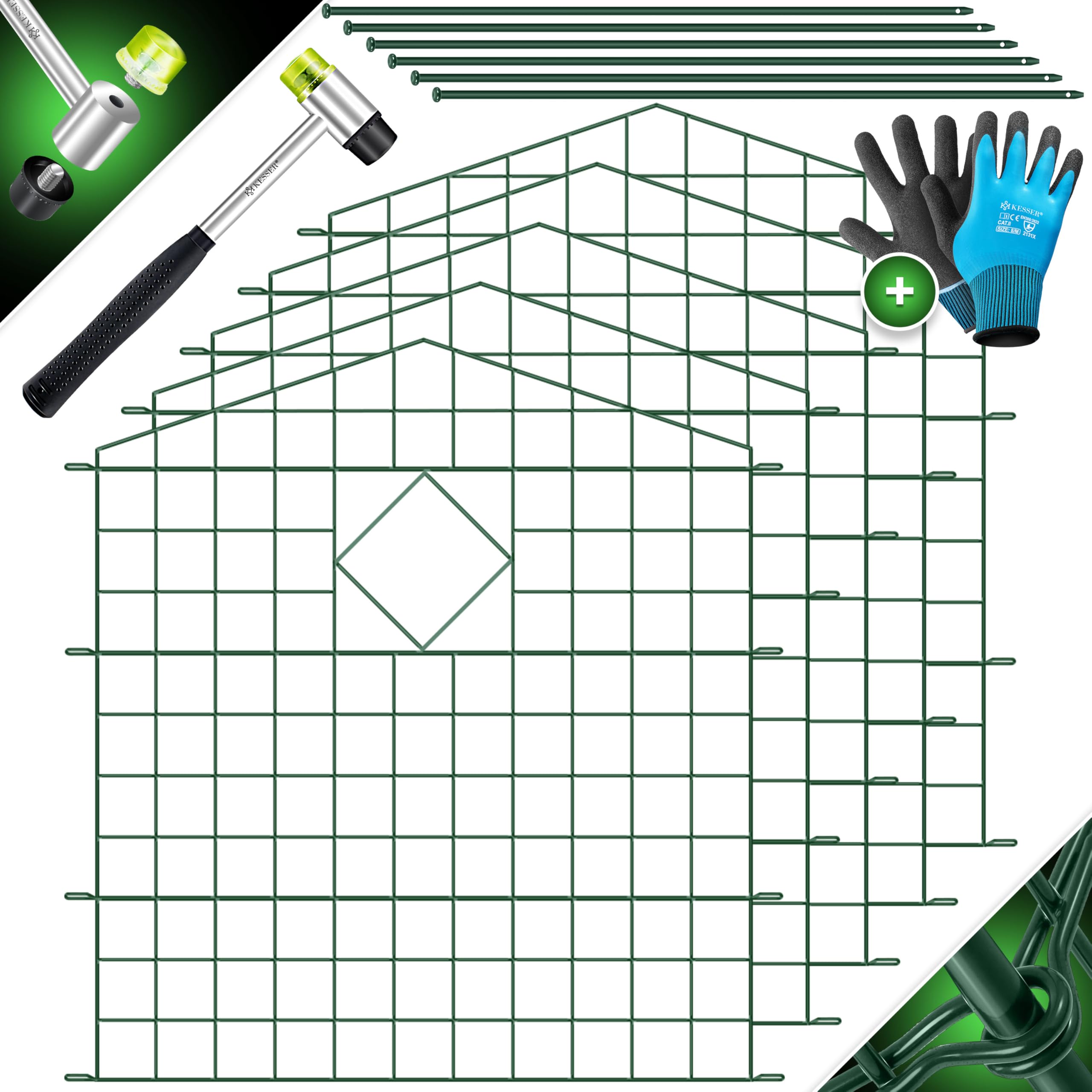 KESSER® Teichzaun Gartenzaun Steckzaun Komplettset Metall 5x Oberbogen Spitz Inkl. Handschuhe, 1x Hammer + 6 Befestigungsstäben, Zaun zum stecken für Garten, Gitterzaun Set Freigehege für Tiere