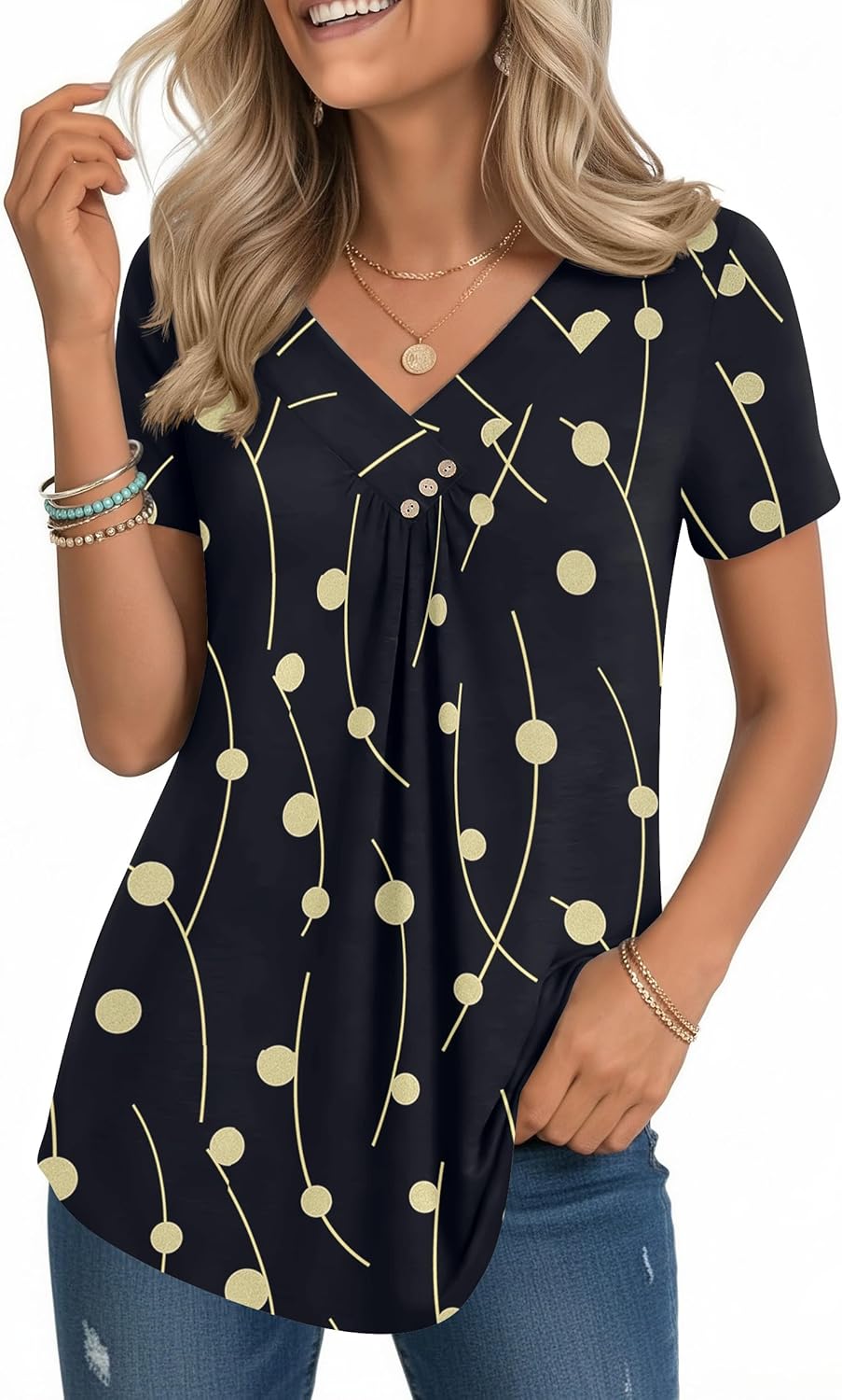 Zeagoo V Neck Short Sleeve Shirts for Women Dressy Casual Blouses Pleated Summer Tunic Tops