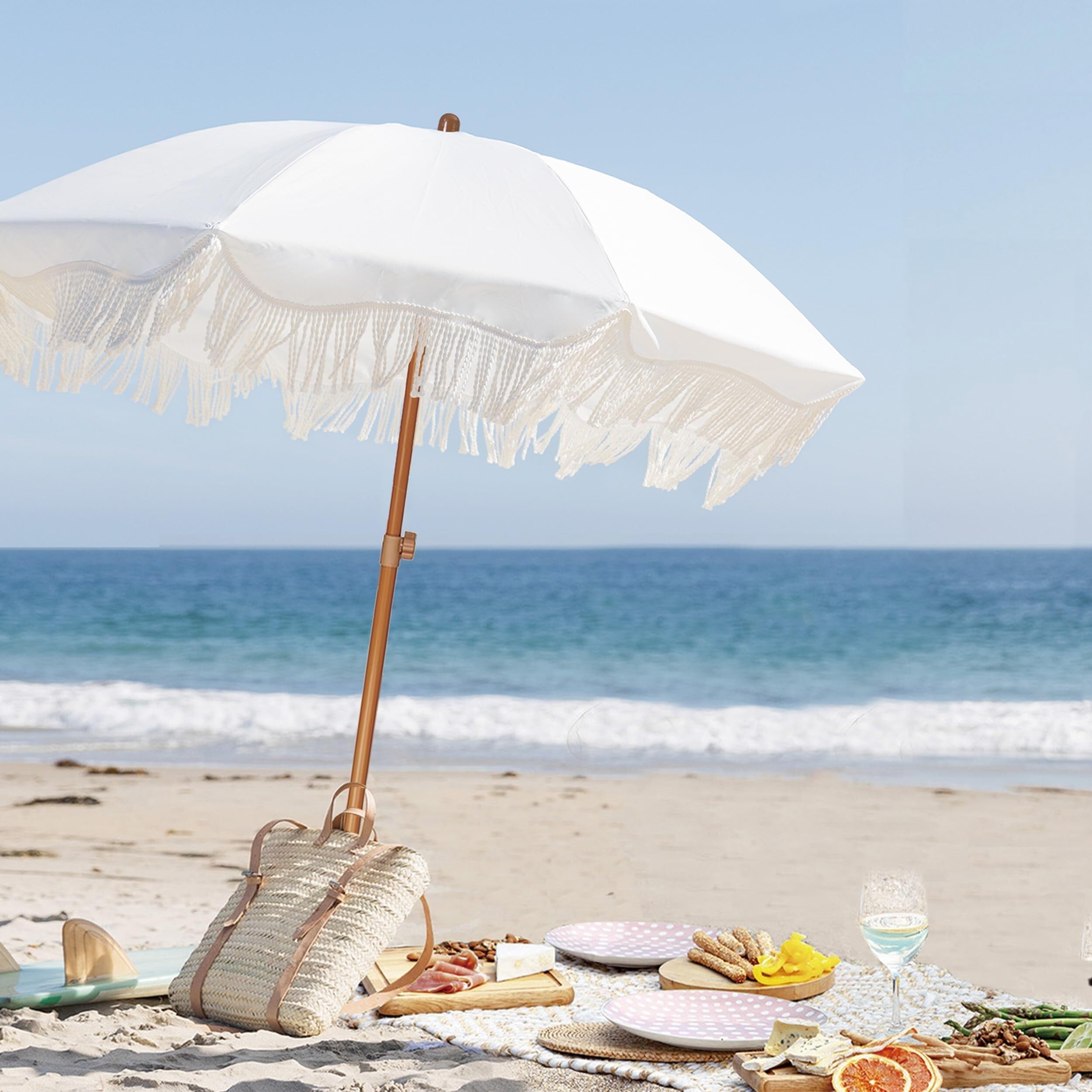 Parasol à Frange, Parasol Plage Parasol de Pique-Nique Boho à Franges, 2 m, UPF 50+, avec Pompons, mât en Acier et Bouton-Poussoir inclinable