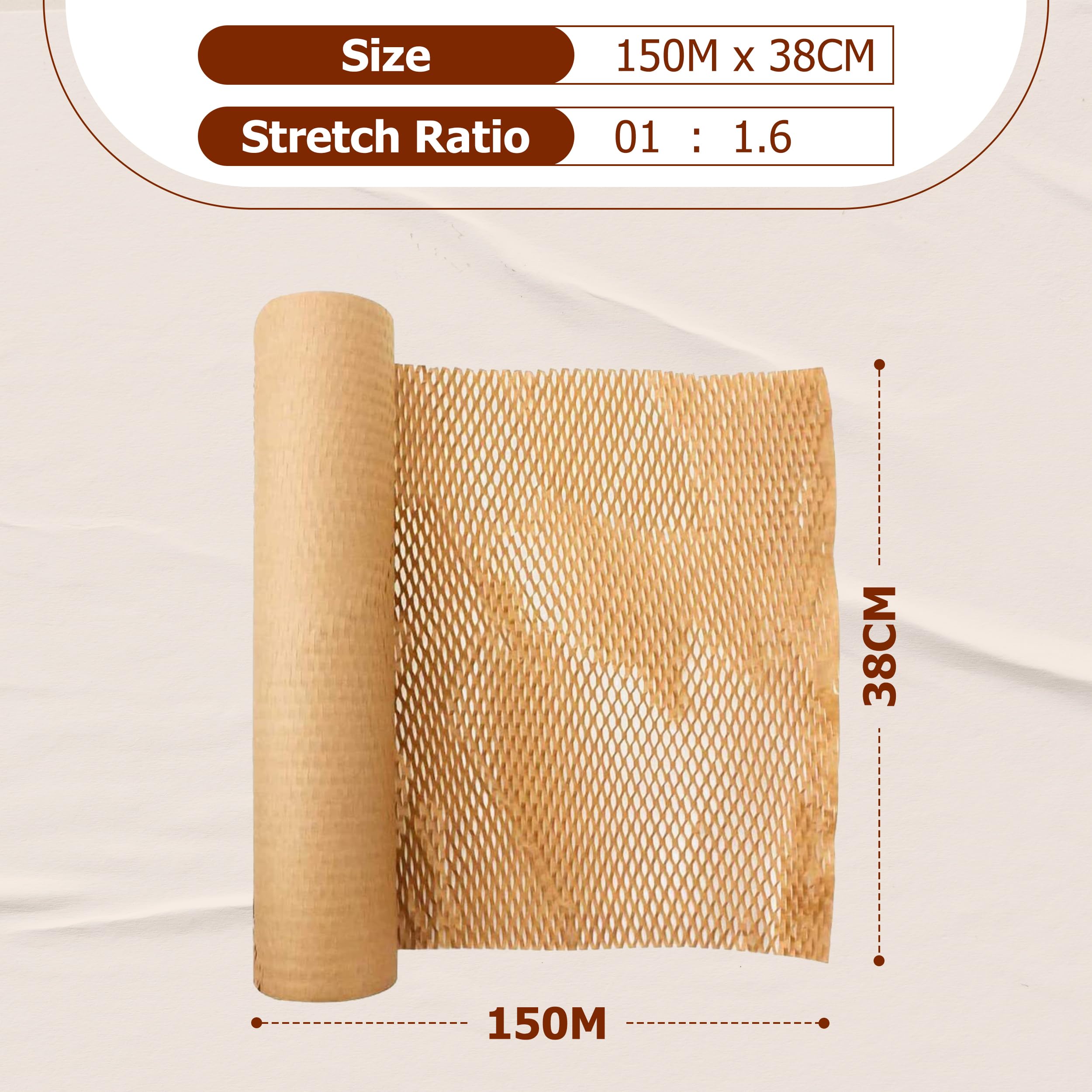 Rollo de embalaje de papel grueso sostenible de panal de abeja de 38 cm x 150 m, respetuoso con el medio ambiente, acolchado de burbujas para quebraduras, embalaje, frágil, envío, mudanza, regalo