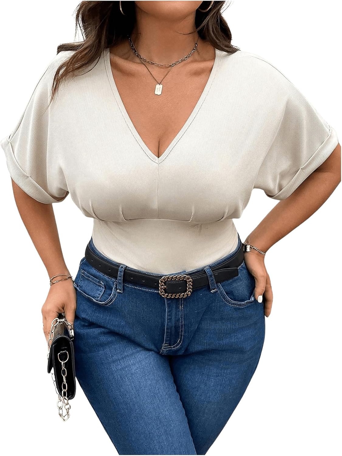 SOLY HUX Women's Plus Size V Neck Tummy Control Bodysuit Short Sleeve Ruched Leopard Tops - Image 3