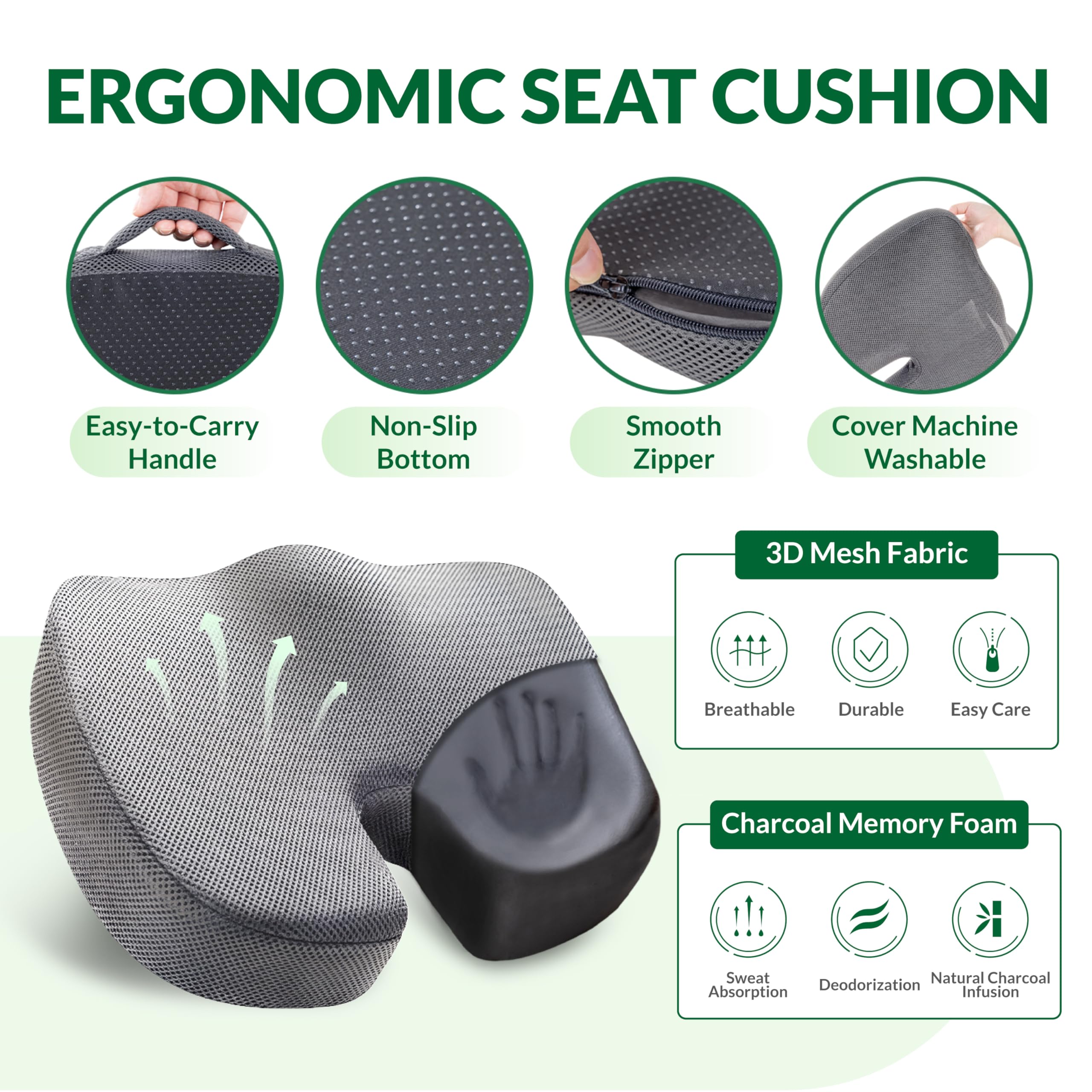 FuturaLoom Seat Cushion Adjustable Lumbar Support Pillow Set Charcoal Memory Foam Back Tailbone Pain Relief Non-Slip Washable Cover — view 4