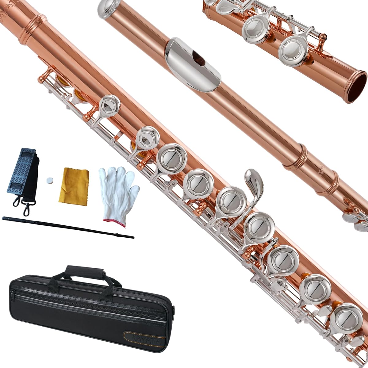 C Flute, Closed Hole 16 Keys, For Students, Beginners and Advanced Players, with Cleaning Kit, Carrying Bag, Strap, Probe Rod, Gloves (Silver Plated Keys, Rose Gold Body)