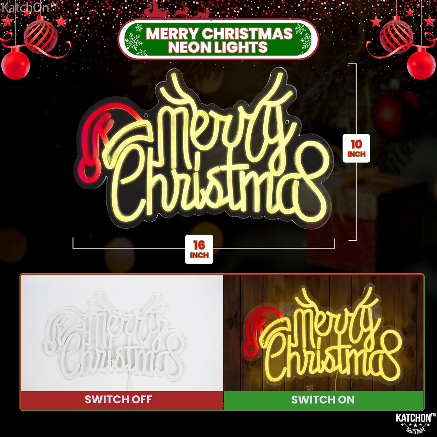 KatchOn, Christmas Banner for Christmas Decorations - 72x44 Inch | Merry Christmas Light Up Sign - 16x10 Inch | Christmas Photo Backdrop | Merry Christmas Neon Sign | Merry Christmas Party Decorations