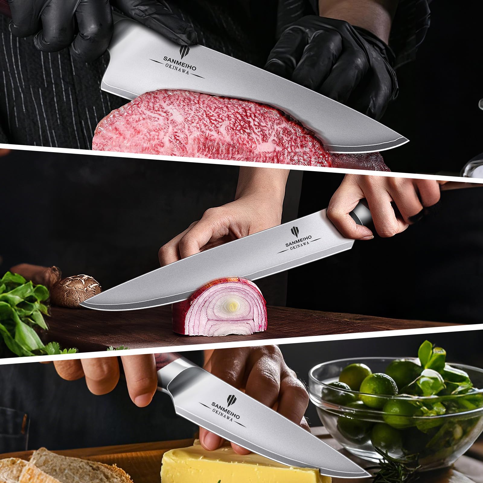 SANMEIHO Messerset 3-teilig, Japanisches Küchenmesserset aus 10Cr15MoV Edelstahl, Ultrascharfes Profi Kochmesserset mit Ergonomischem Holzgriff, Kochmesser Allzweckmesser Schälmesser - OKINAWA Series