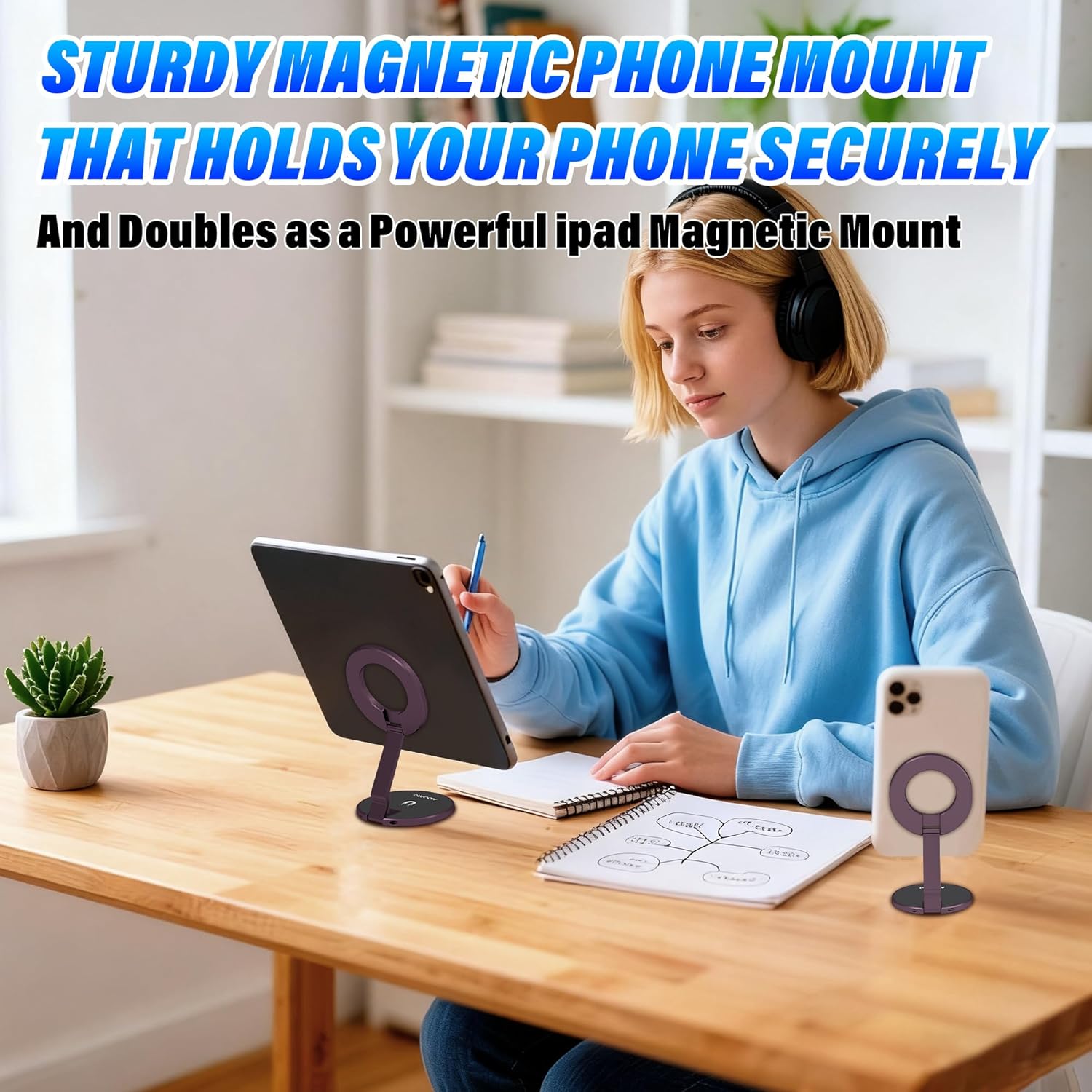 Phone Stand for Magsafe with Mirror [2-sided 4200gf Strongest Magnetic] 300° Folding Portable Phone Ring Holder Grip for Desk, Phone Holders for Your Car Accessories for iphone/Android/Tablets