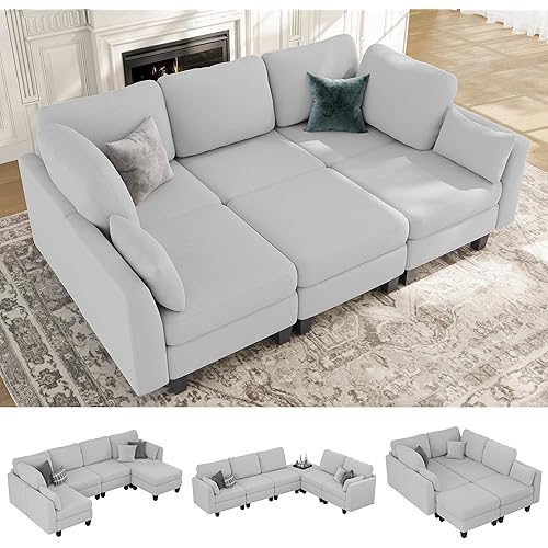 Sectional Sleeper Sofa, 6 Seaters Modular Sleeper Sofa Couch, Comfy Sectionals Couches Bed, Convertible Sofas with Ottomans, Modular Sectional Couches for Living Room, Light Grey