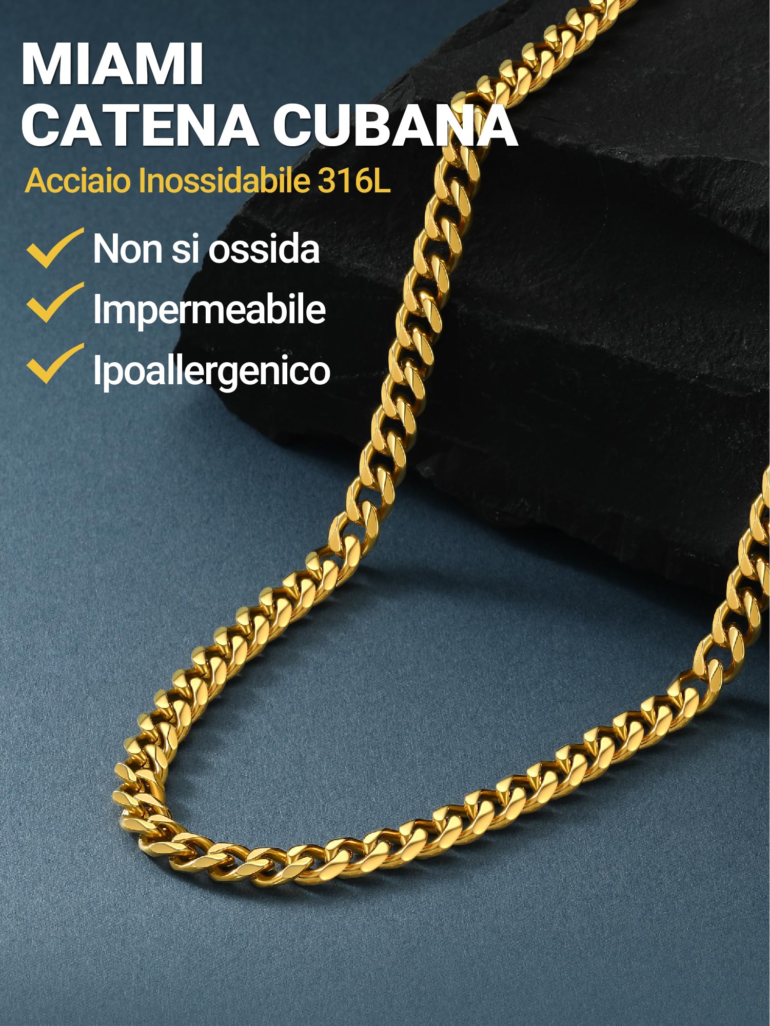 PROSTEEL Collana Argento Uomo， Catena Cubana Miami, 6/9/12MM Larghezza Collane Uomo Acciaio Inox, Impermeabile, Regalo Compleanno, 45-75CM, Punk Hiphop