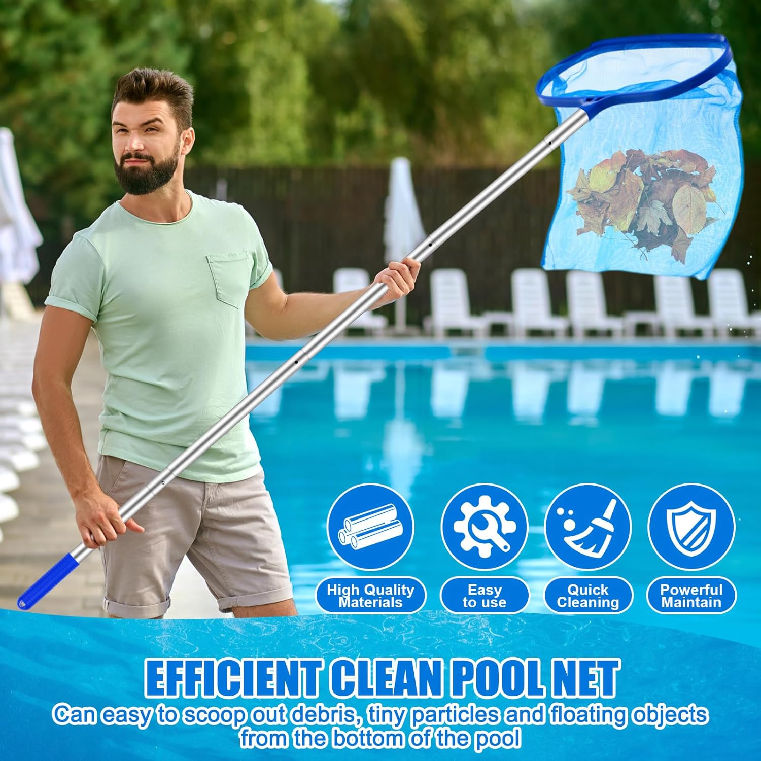 5 Pack Deluxe Swimming Pool Cleaning Kit Including Swimming Spa Jet Vacuum Cleaner Rotatable Scrub Brush Pool Brush Leaf Skimmer Net Half-Depth Fine Mesh Net with 55" Pole
