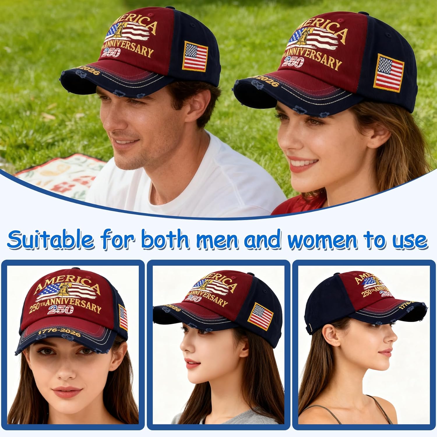 250 Anniversary USA Hat — A Gift for Veterans and Patriots Unisex Adjustable Low-Brim Two-Tone Fully Embroidered Celebration Cap - Image 5