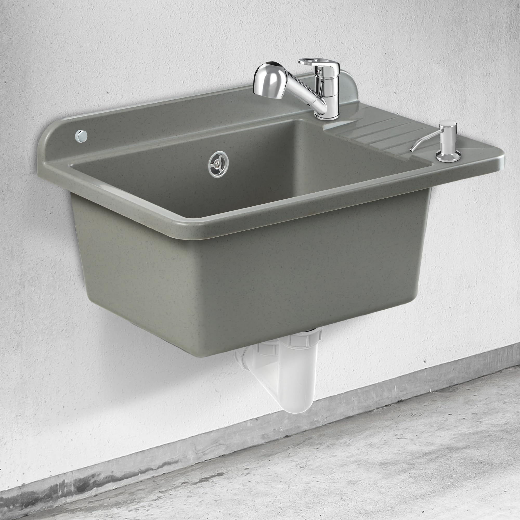 Basino di versamento del Gospo fatto di polipropilene, 50,5 x 34 x 26,5 cm, lavandino con rubinetto, sifone, distributore di sapone, lavandino, lavandino per la casa (grigio)