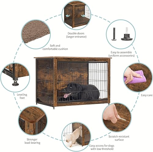 Miniatura 3 de DWANTON Mueble de jaula para perros con cojín, mesa de madera para perreras con puertas dobles, casa para perros de interior, tamaño grande, 38.5