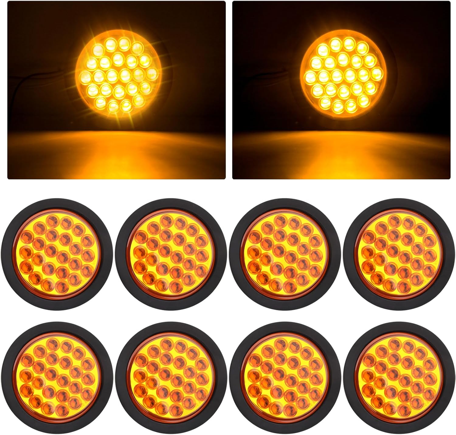 8pcs 4 Inch Round Amber Strobe Lights 24 LED Trailer Tail Lights Amber Strobe Light Stop Turn Tail Truck Light Brake Lights with Rubber Grommet 3-Prong Wire Pigtails