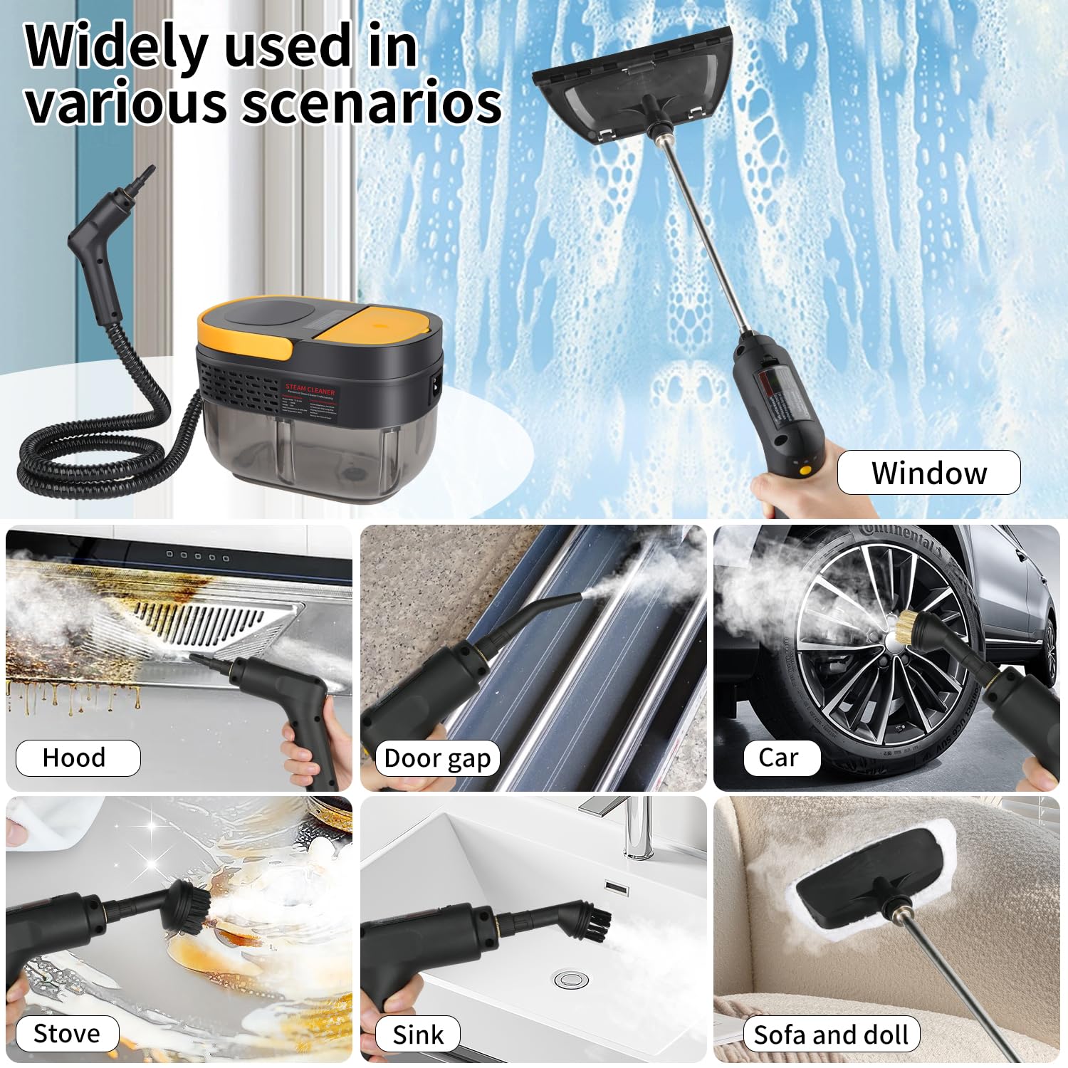 Nettoyeur Vapeur 2500W, Réservoir D’eau 1600ML, Poignée Réglable en 3 Positions, Haute Température 105℃ et Pression 3 Bar, Chauffe Rapide en 15s, 10 Accessoires, pour Voiture, Cuisine (Noir)