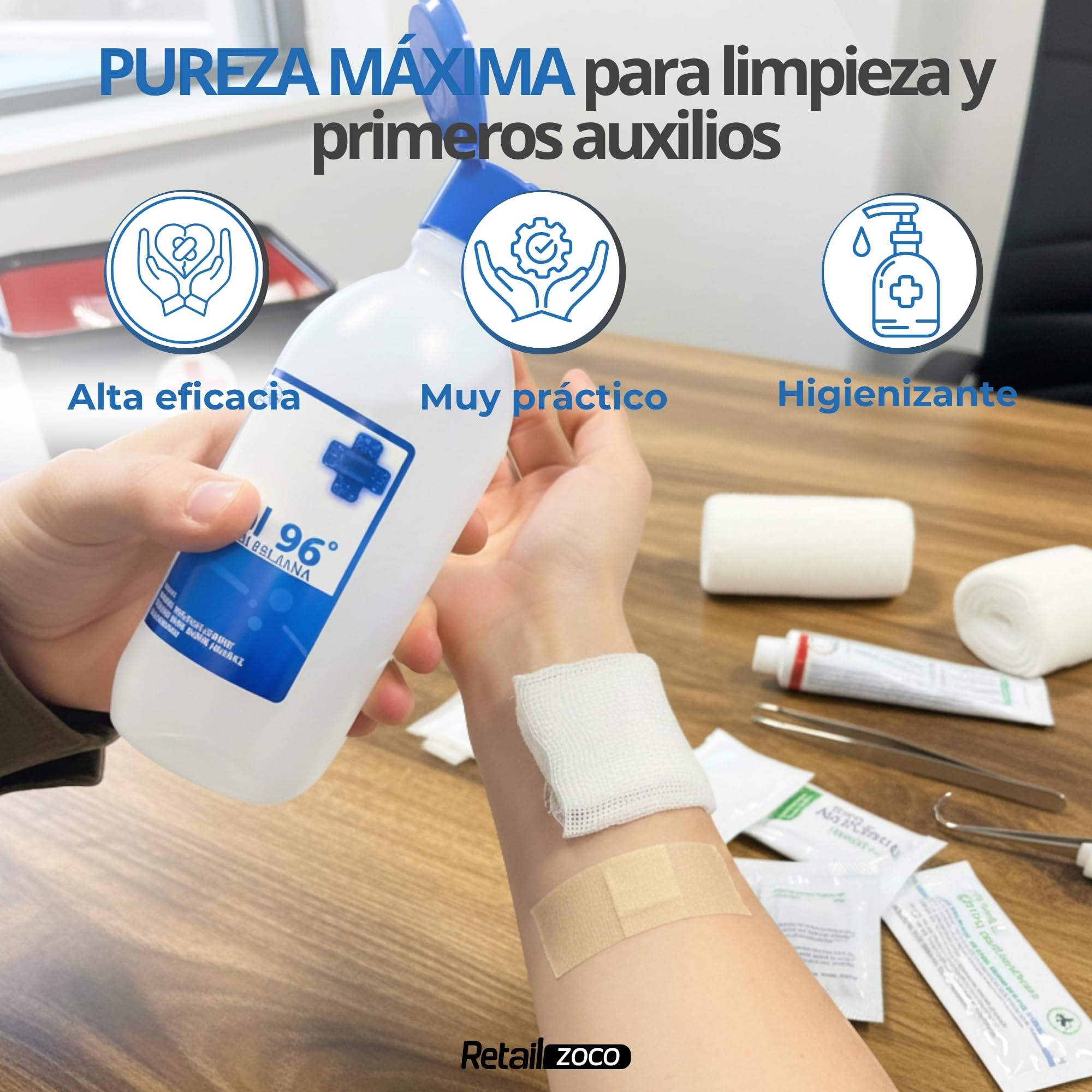 Alcohol 96º, Etanol 96, Alcohol etílico desinfectante manos antiséptico, Ethyl alcohol ethanol, Alcohol sanitario para heridas, Alcohol farmacia, Tapón seguridad, Concentración 96º, Contiene 1000 ml