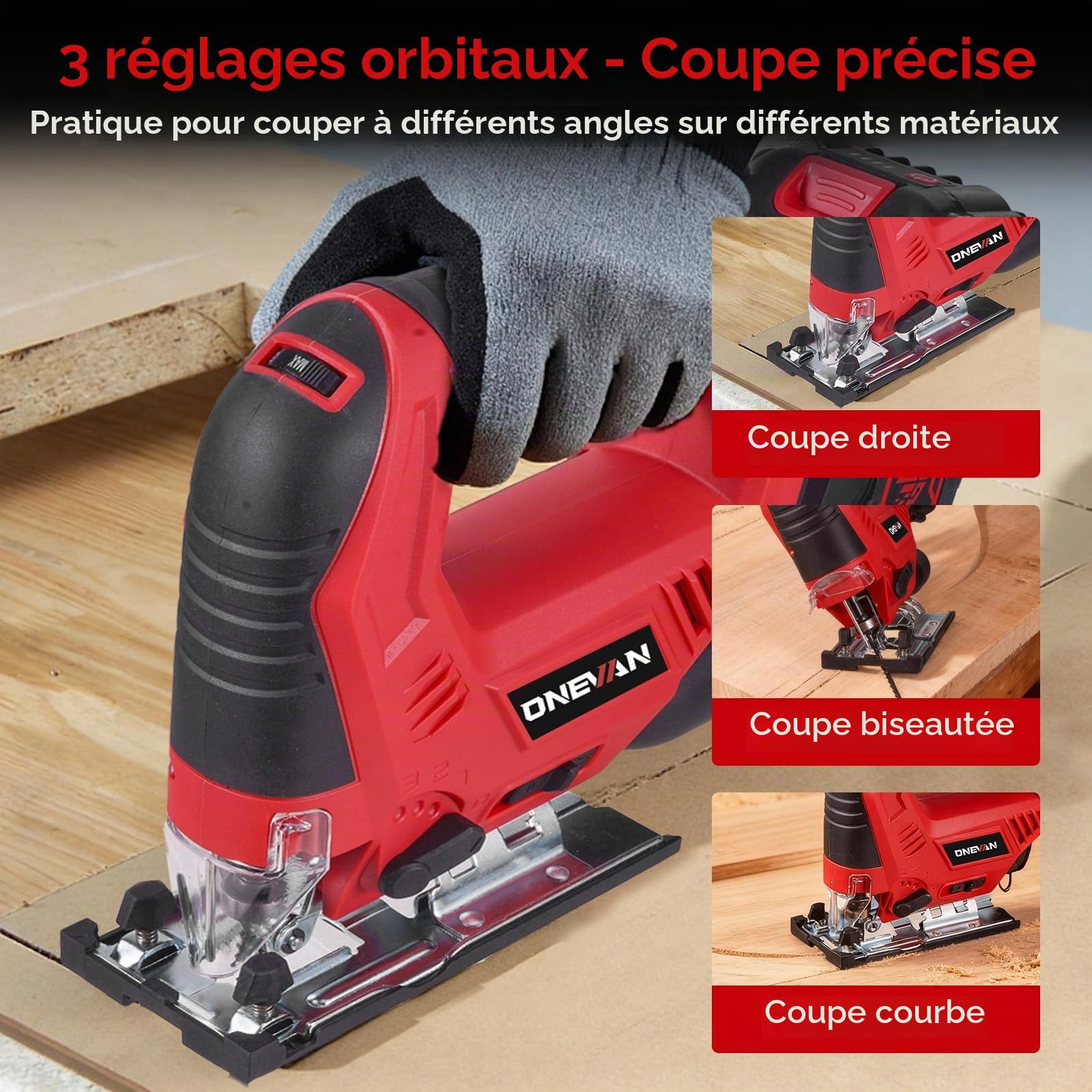 ONEVAN Scie Sauteuse sans Fil Raccord d'Aspiration 24mm Course 2x3,0Ah | 3 réglages orbitaux, coupe d'onglet ±45°, 7 vitesses, LED & aspiration intégrée, coupe bois 56mm & acier 6mm, Pour bricolage