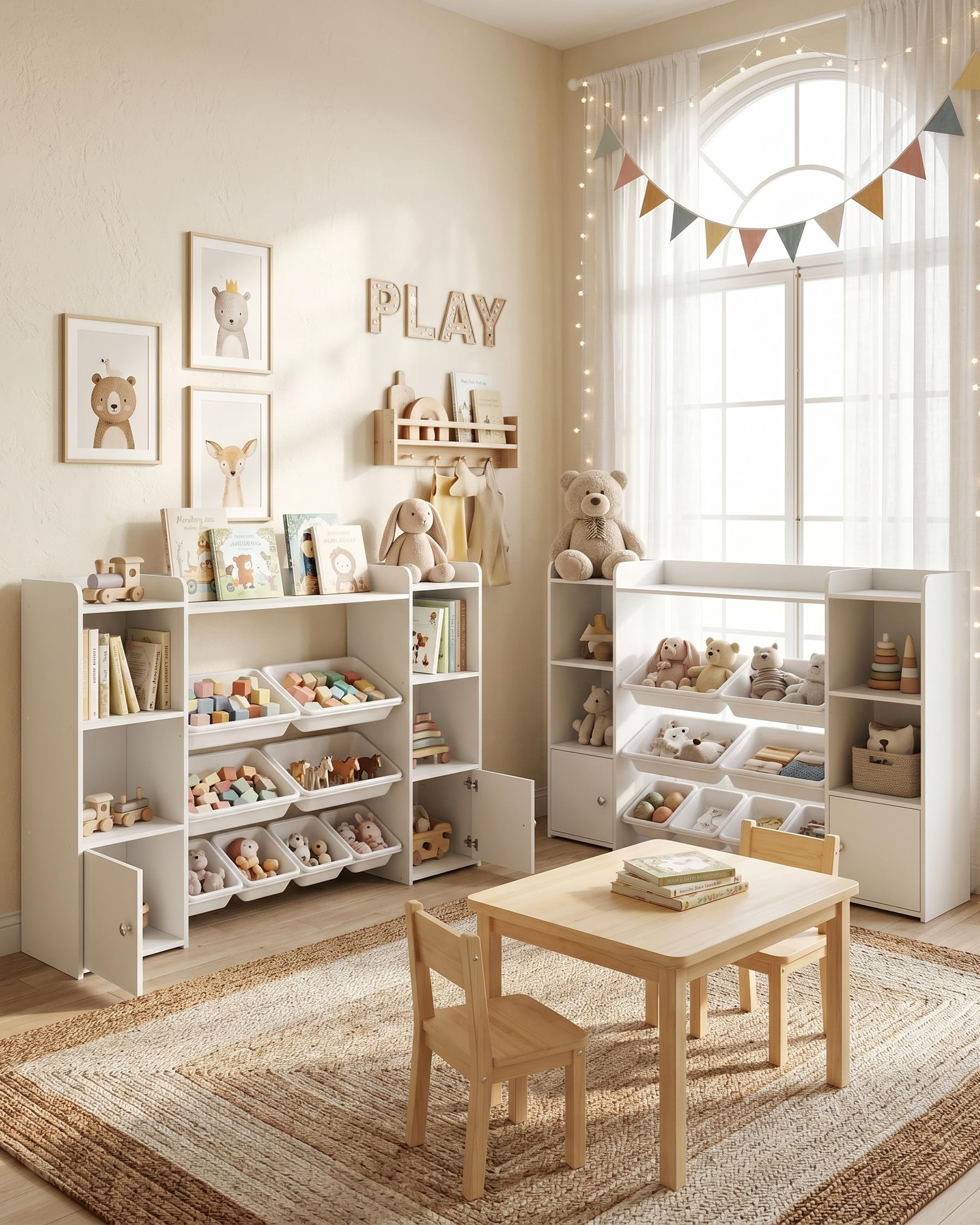 Libreria Infantil, Estanteria Infantil con Organizador de Juguetes, Libreria Montessori Infantil con 8 Cajas Extraíbles y 2 Puertas, para Habitacion Infantil y Cuarto de Juegos, Blanco
