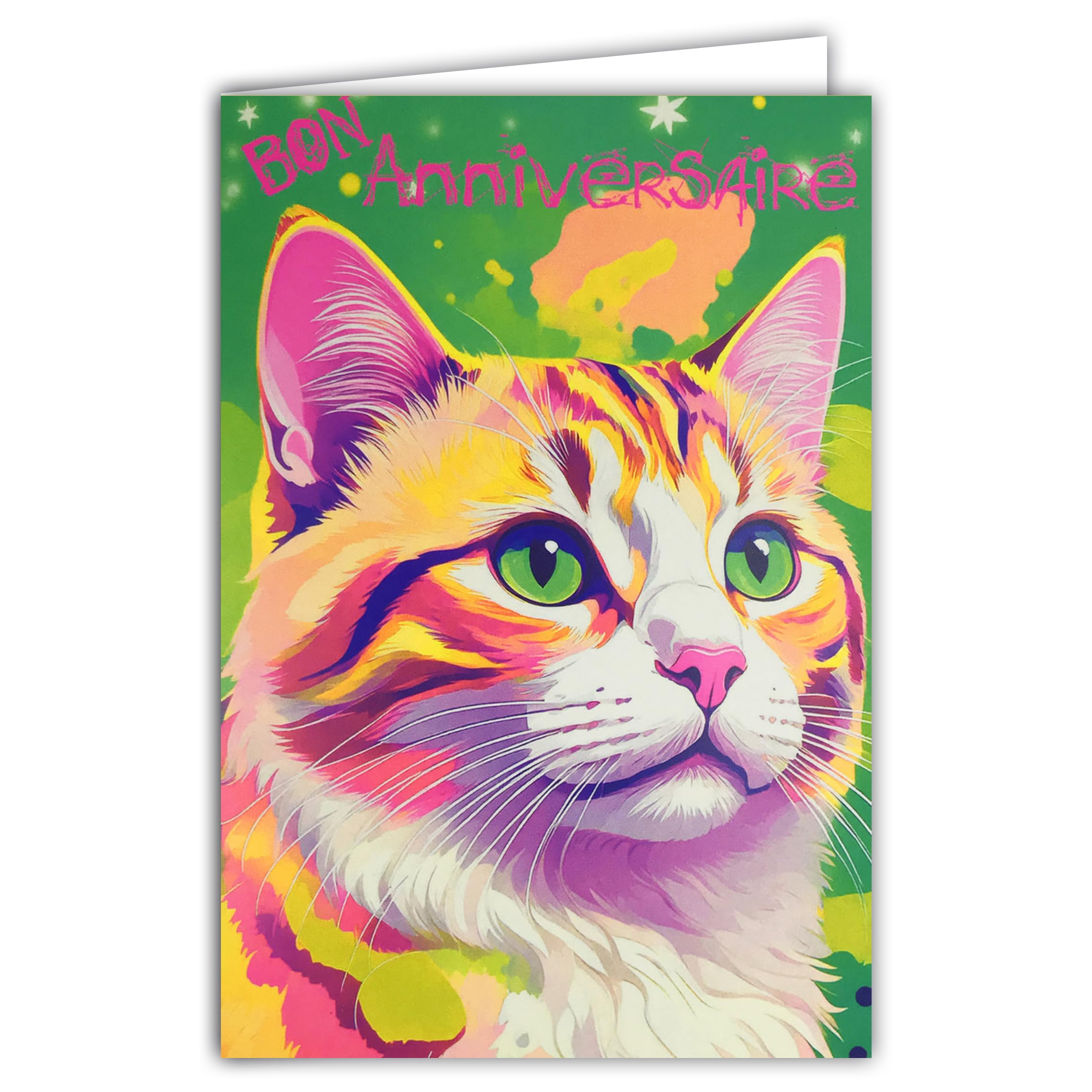 69-8106 Happy Birthday Card with Envelope 12 x 17.5 cm - Cute Cat Kitten Illustration - Real Fluorescent Inks - Created and Made in France
