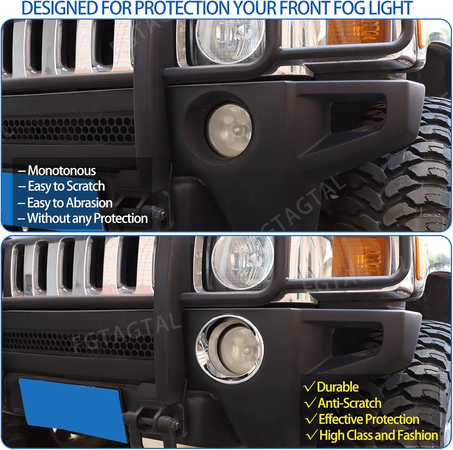 Front Bumper Driving Fog Light Ring Bezels Covers Trim Molding Fit for Hummer H3 2005-2009, ABS Front Fog Light Lamp Decoration Protector Accessories, 2PCS (Bright Silver)