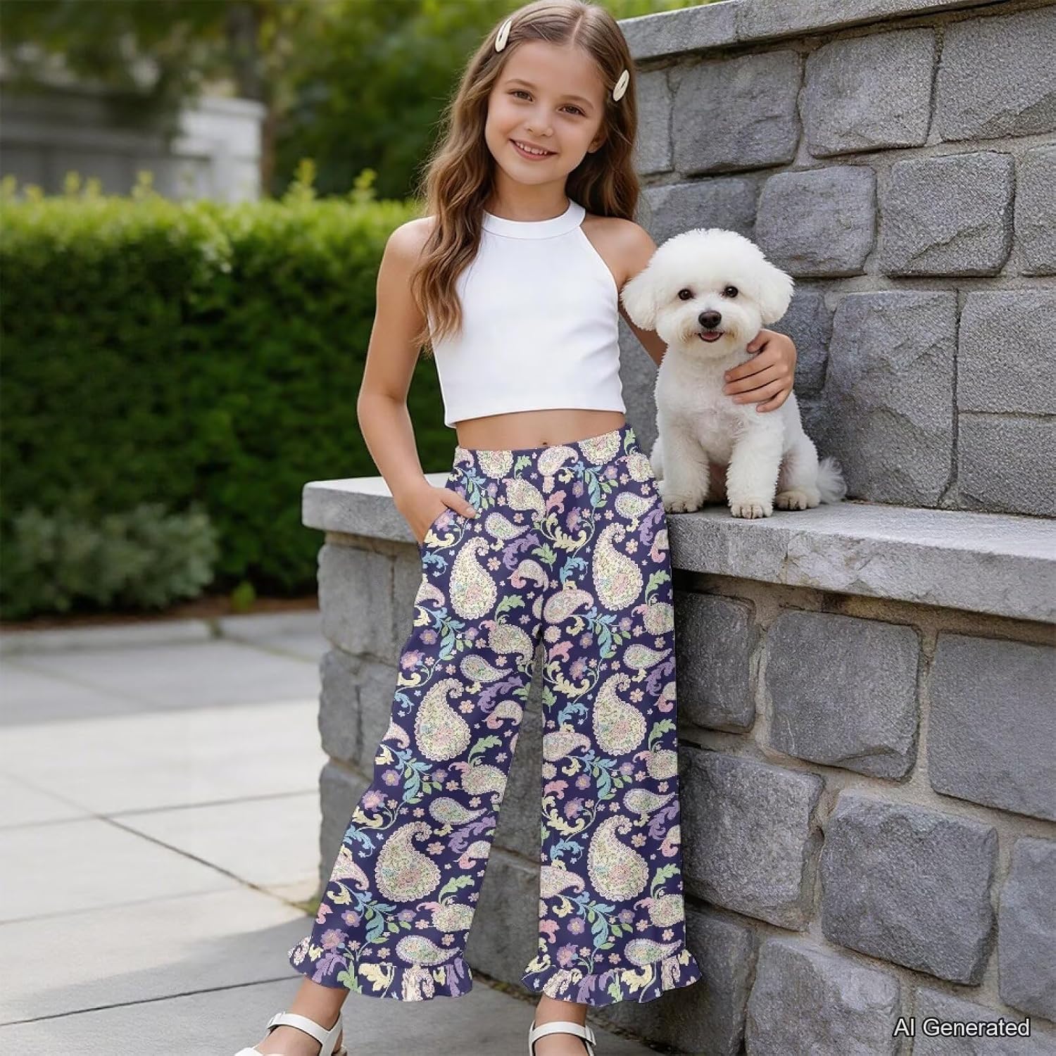 Wanyint Girls' Wide Leg Pants with Ruffle High Waisted Long Trousers Pants Fashion Outfits Loose Bottoms for 5-14 Years
