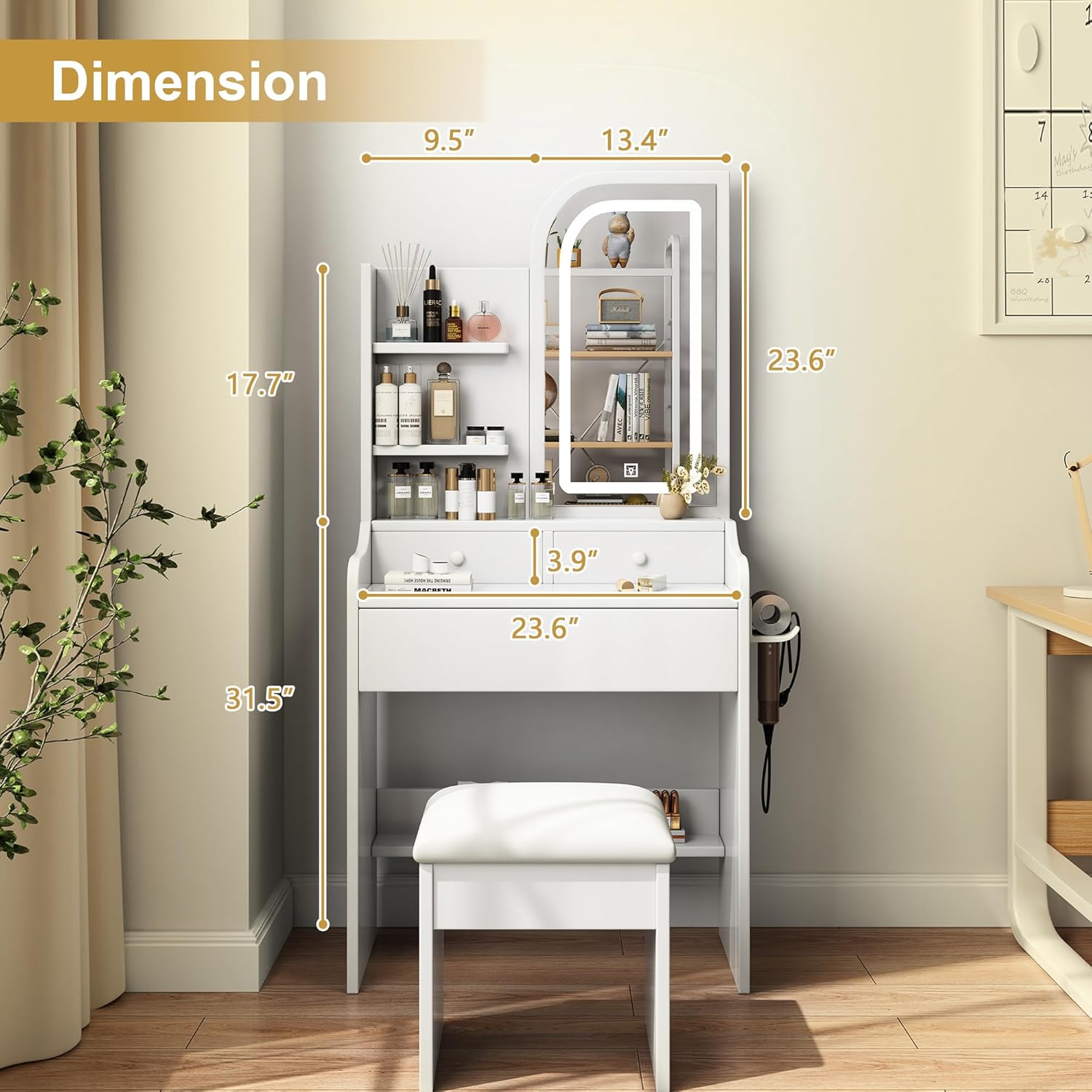 Small White Vanity Desk,Compact Vanity Desk +2 USB Ports & Outlets,Makeup Vanity Adjustable Brightness+Large Mirror with Streamlined Design+3 Drawers+3 Shelves, Bedroom Dressing Table