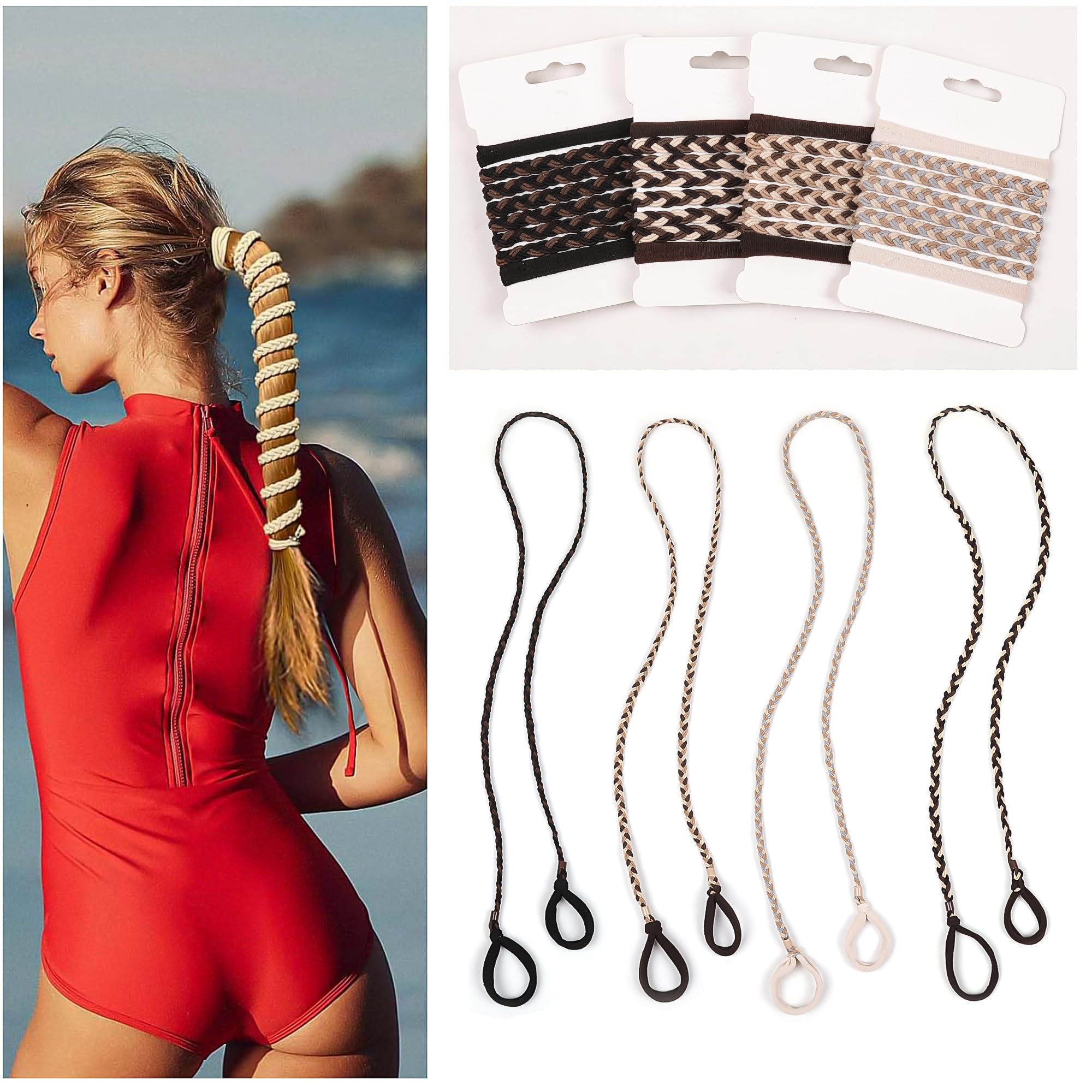 Photo 1 of Sport Hair Ties for Women - 4 Pack Elastic Pony Tails for Gym, Braided & Swimming Sports - 40 Inch Length