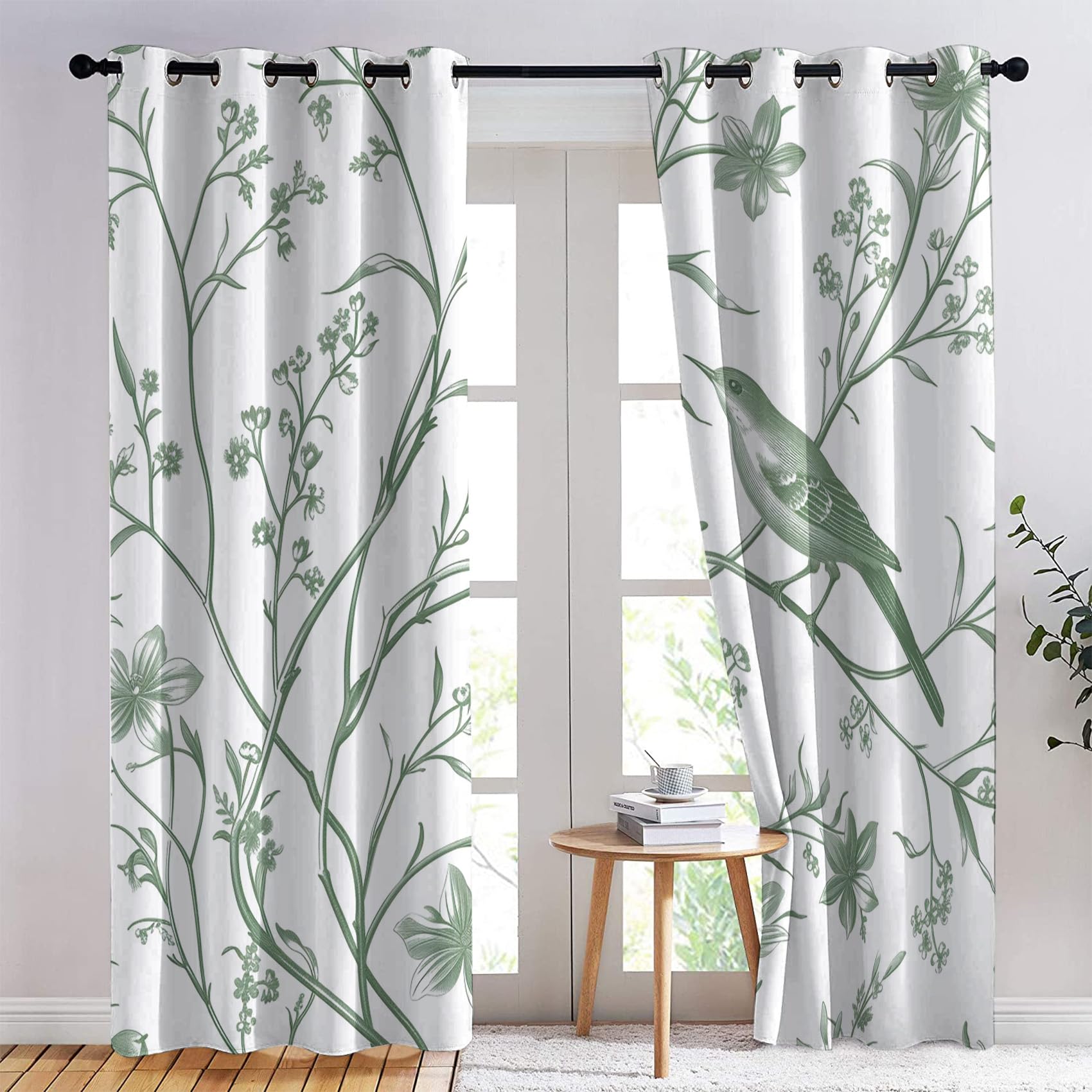 Rideau Occultant Chinoise Verte, Rideau Isolant Thermique pour Salon Chambre, Rideaux Motif Fleurs Oiseaux, Rideau Opaque à Oeillets, Lot de 2 Rideaux et Draperies Intérieur 140x220cm LxH (IQ-&181)