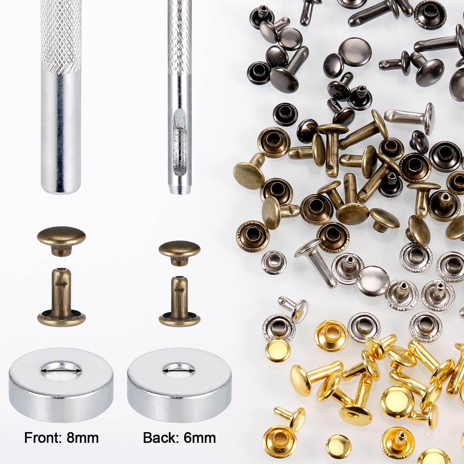 240 Rivets Cuir Avec Outils - Rivets Tubulaires 6mm 8mm 12mm Métal Pour DIY Sacs Vêtements