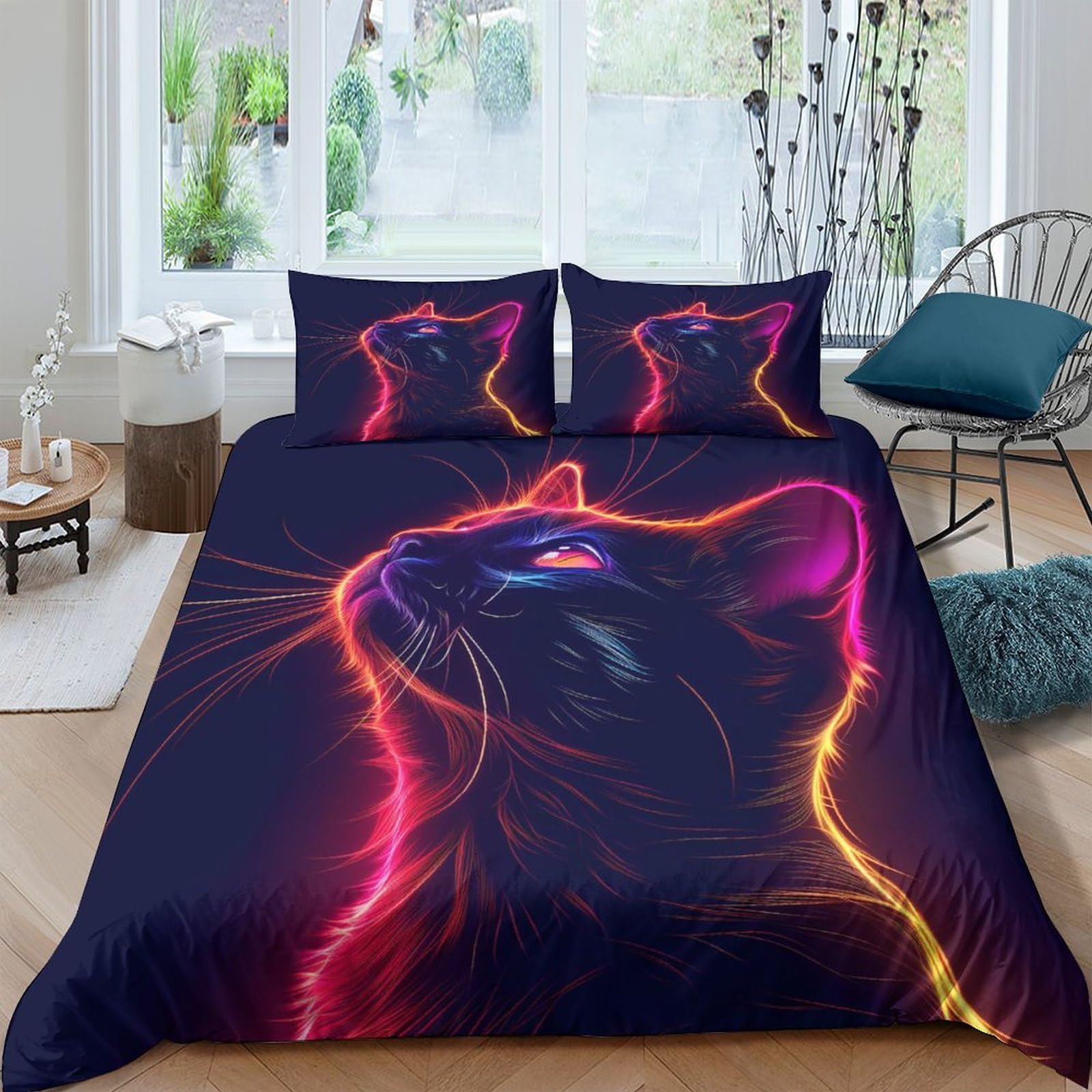 Ctjqhvkz Style-9 3D Printed Neon Cat Fitted Sheet Microfiber Soft Breathable Artistic Glow Bed Sheet For Bedroom Dorm Mattress Protection Decor Single（135X200cm）