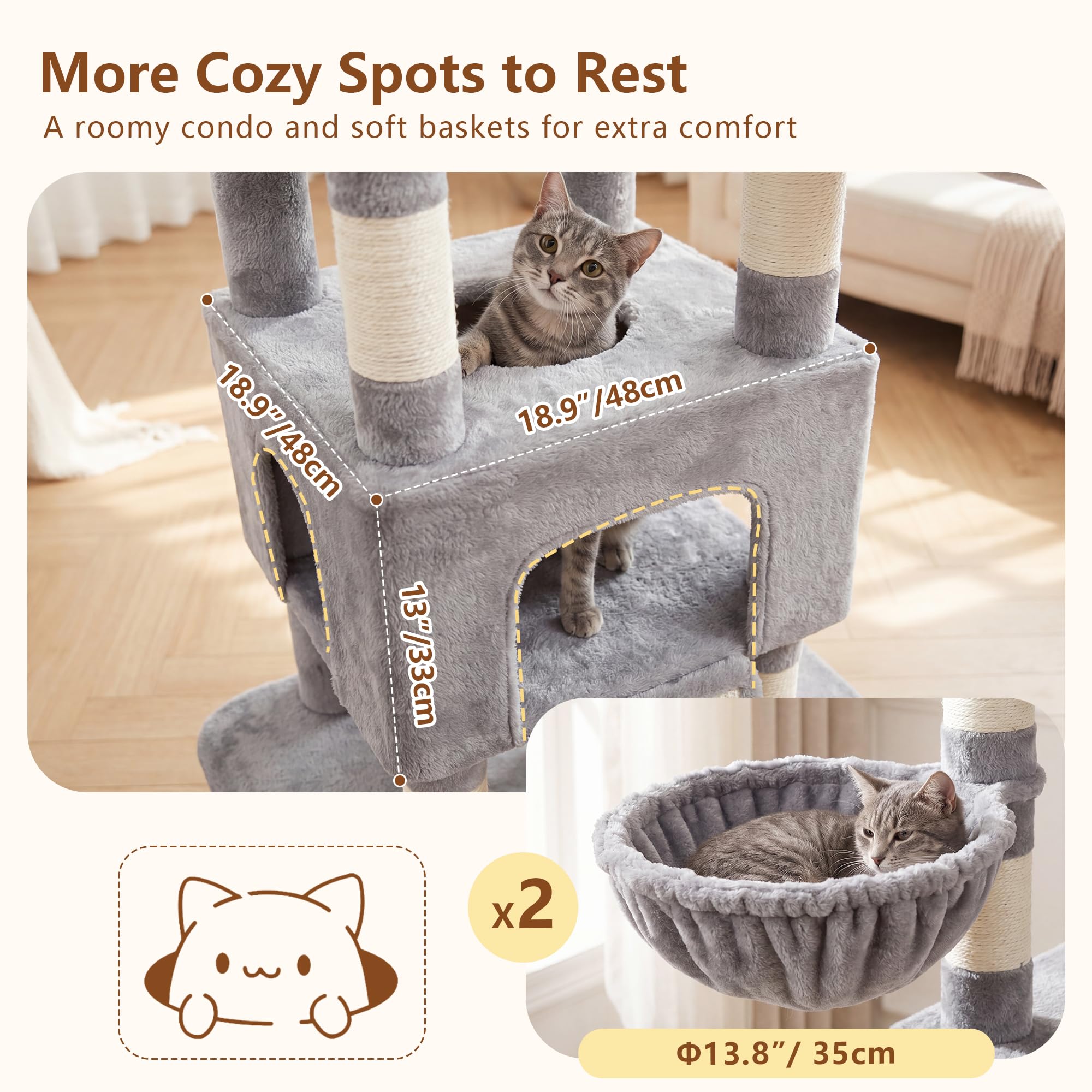 Heybly Árbol para Gatos XXL 210 cm, Torre Rascador Alta para Gatos Grandes de Interior, Condominio con 2 Cestas, Cueva, Plataformas y Tabla de Sisal, Gris Claro HCT063W