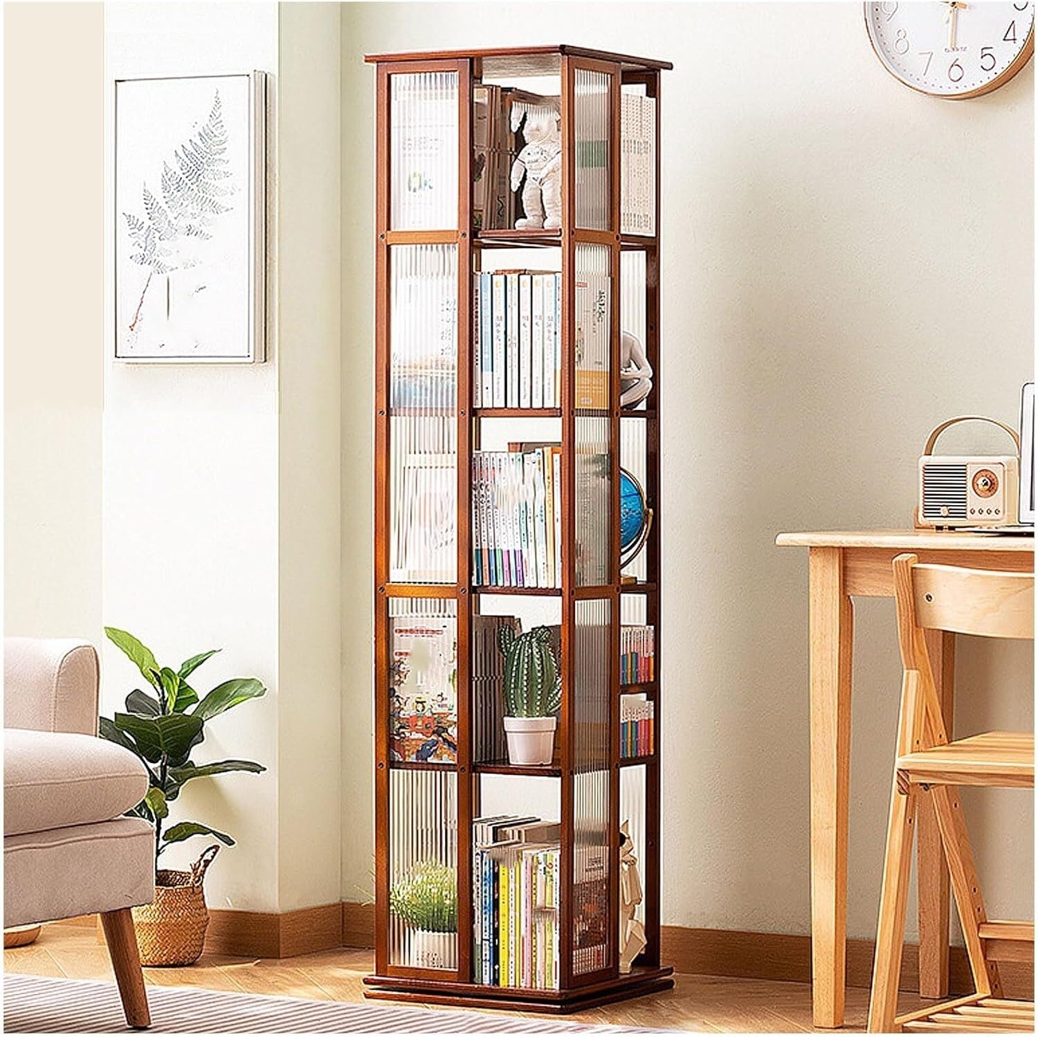 Lshtshf-Ou Walnut Revolving Bookcase 360° Rotating Bookshelf Display Narrow Swivel Corner Book Shelf Standing(,5 Th Floor-Tier)