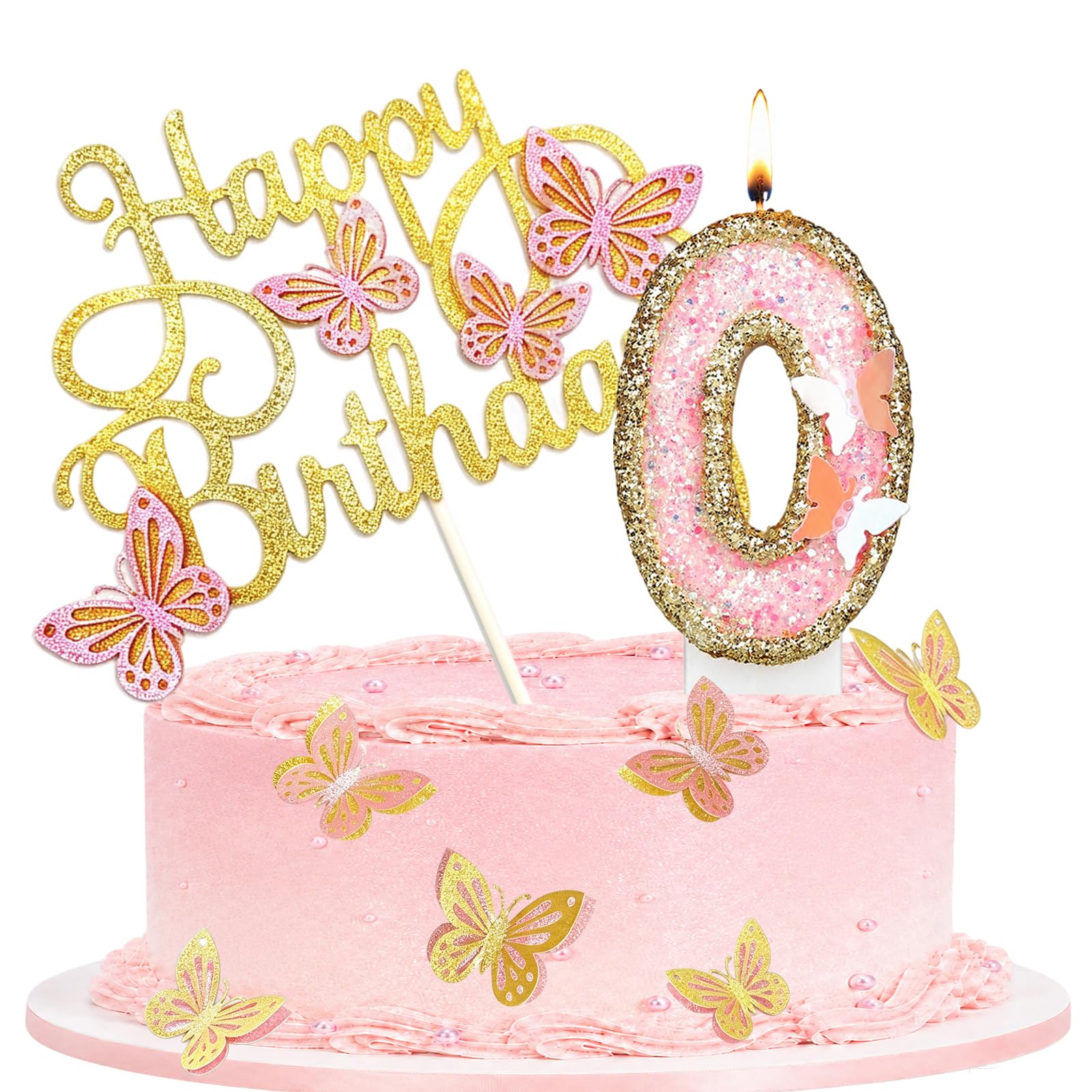 Birthday Candle with Pink Gold Butterfly Cake Topper for Party, Number 0 — image 1